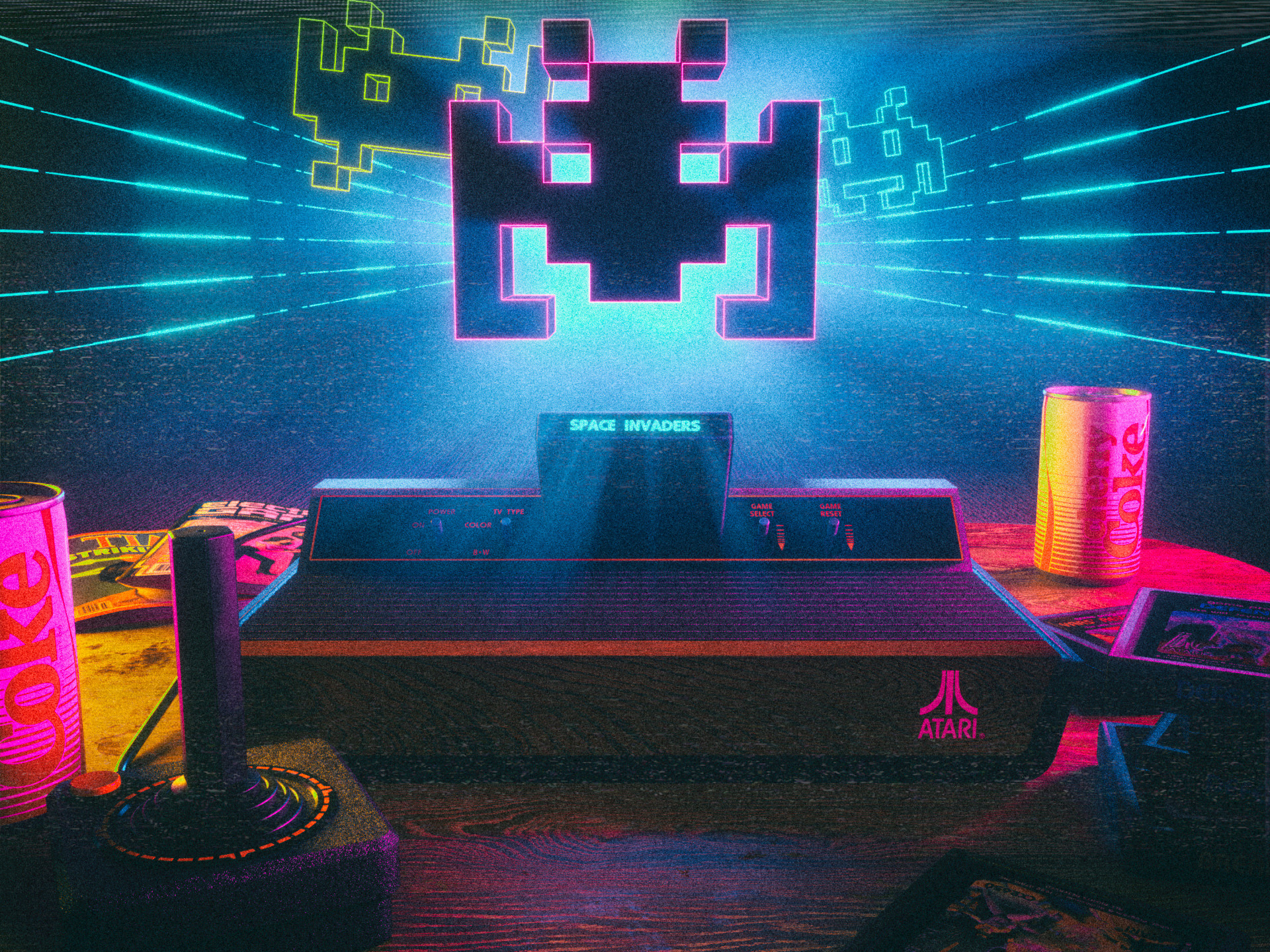 Retro Style Retro Games David Legnon Space Invaders Atari Film Grain Noise Joystick Glowing Neon Glo 1920x1440