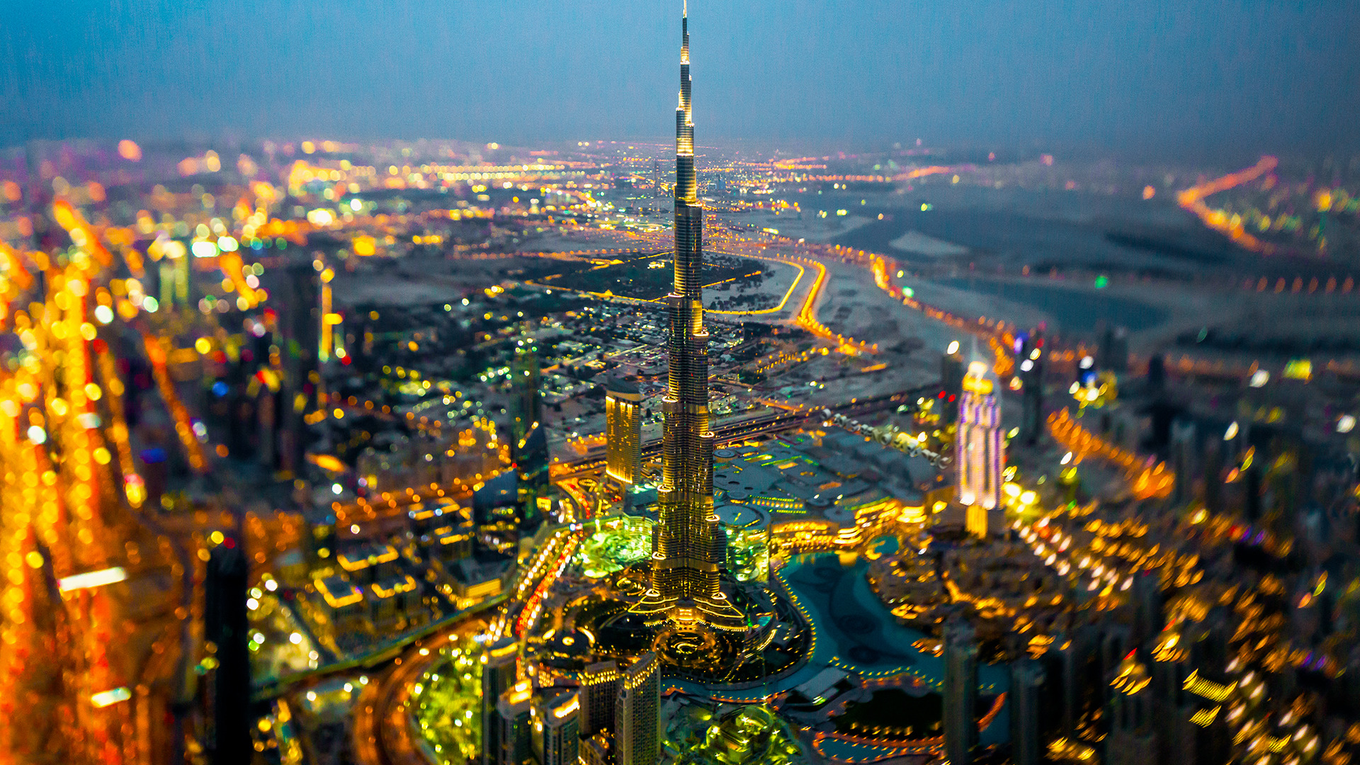 City Cityscape Building Skyscraper Tilt Shift Burj Khalifa Dubai Night City Lights Depth Of Field 1920x1080