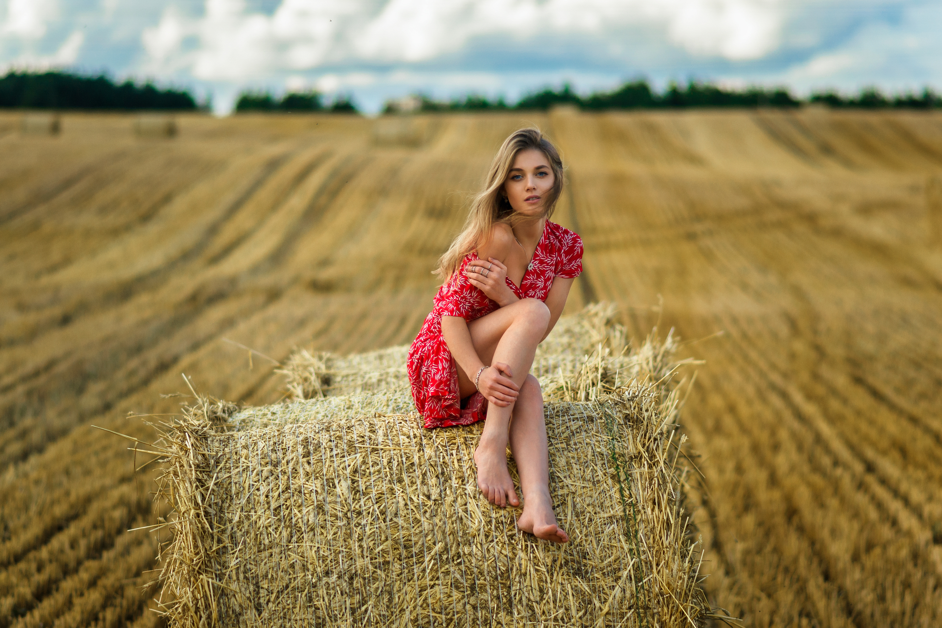 Women Model Long Hair Looking At Viewer Bare Shoulders Necklace Dress Red Dress Field Depth Of Field 3000x2000
