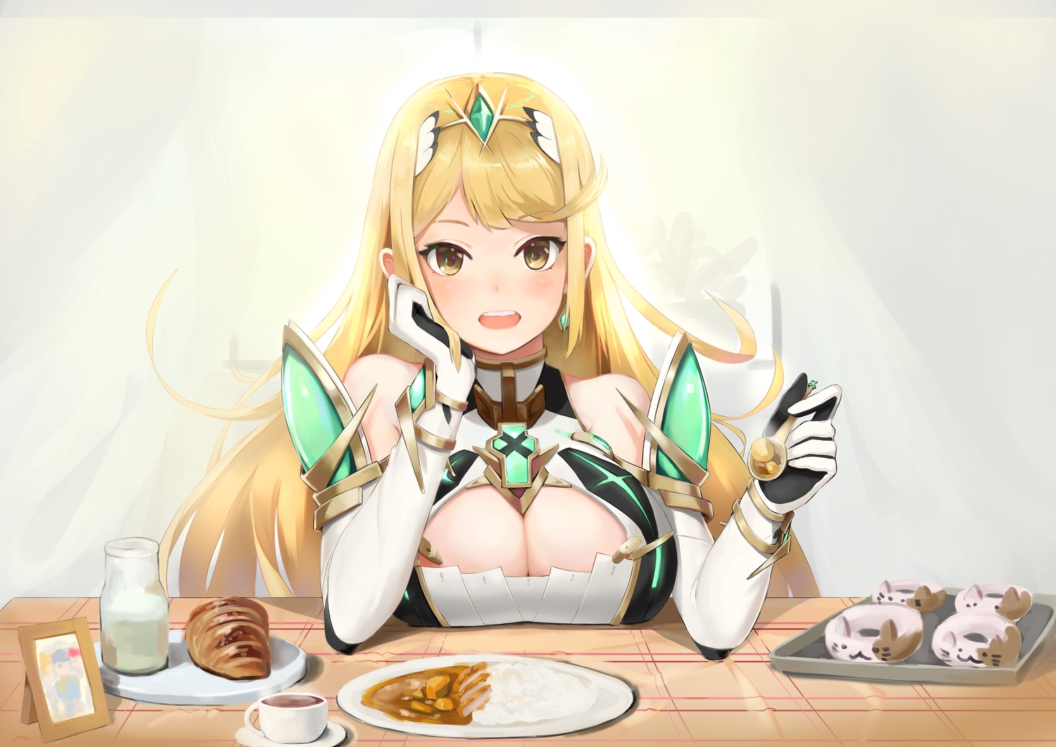 Xenoblade Hikari Xenoblade Chronicles 2 Blonde Drink Food Gloves Headband Long Hair Yellow Eyes 1500x1061