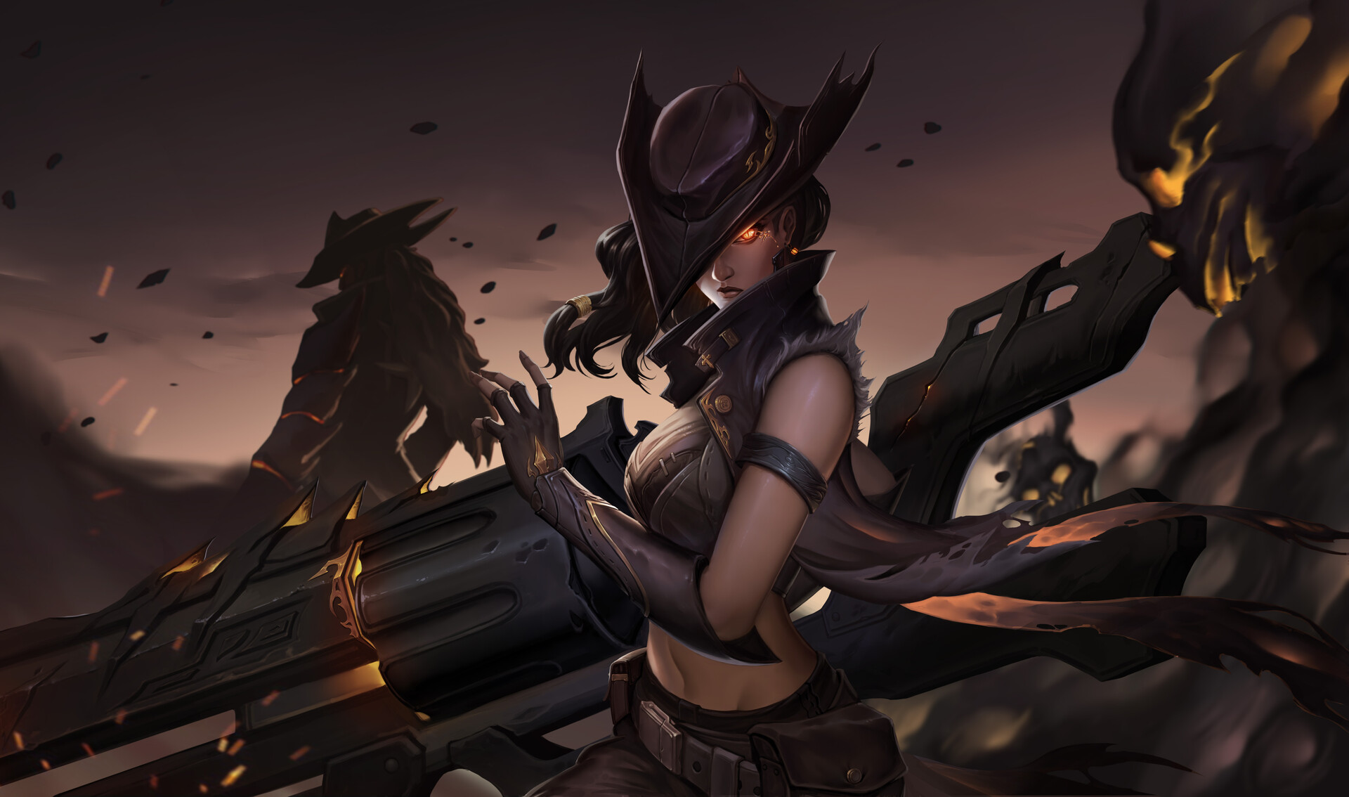 Proxy Xi Drawing Glowing Eyes Weapon Gun Dark Hair Wind Hat Fighting Angry Pocket Cape Armlet Warrio 1920x1134