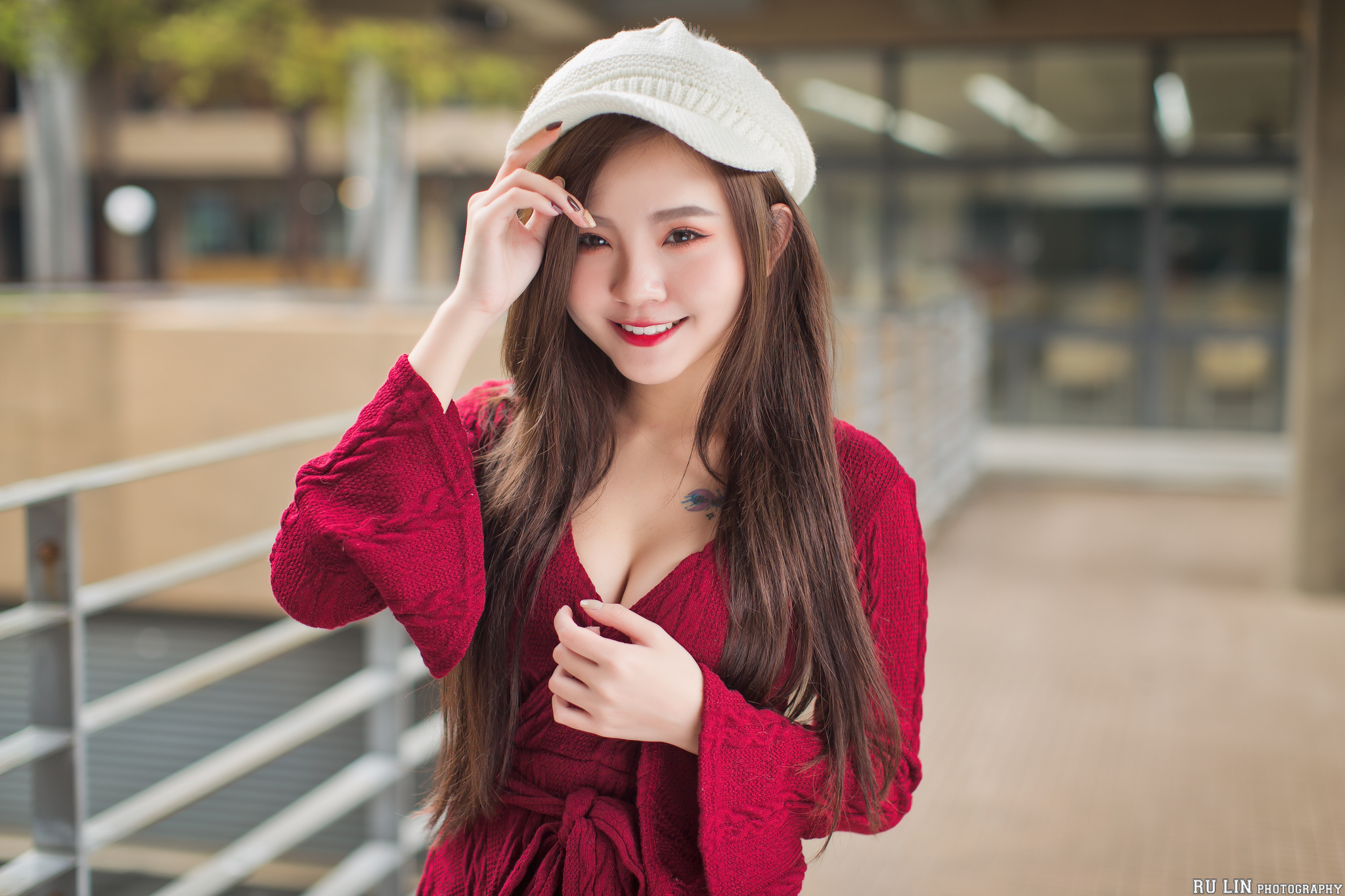 Women Model Asian Brunette Long Hair Looking At Viewer Red Lipstick Smiling Painted Nails Knit Hat K 2048x1365