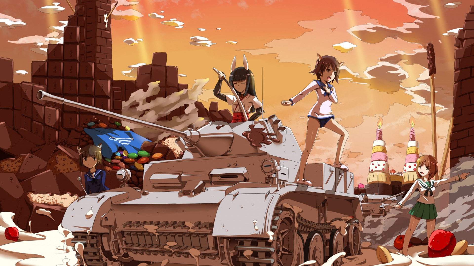 Girls Und Panzer Anime Strike Witches Brave Witches Sweets Animal Ears Short Hair Anime Girls Tank N 1920x1080