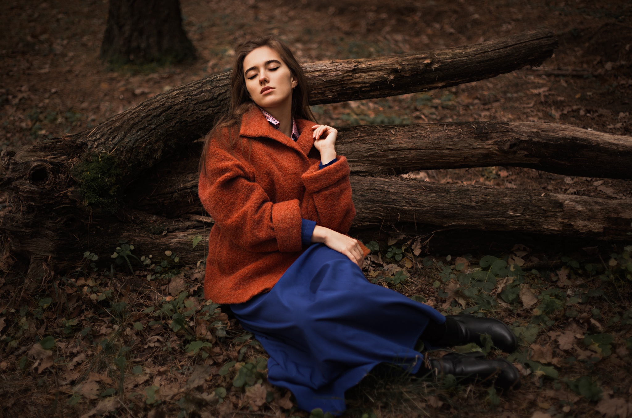 Ilya Baranov Women Model Portrait Outdoors Brunette Dress Depth Of Field Forest Log Fallen Leaves Le 2048x1353