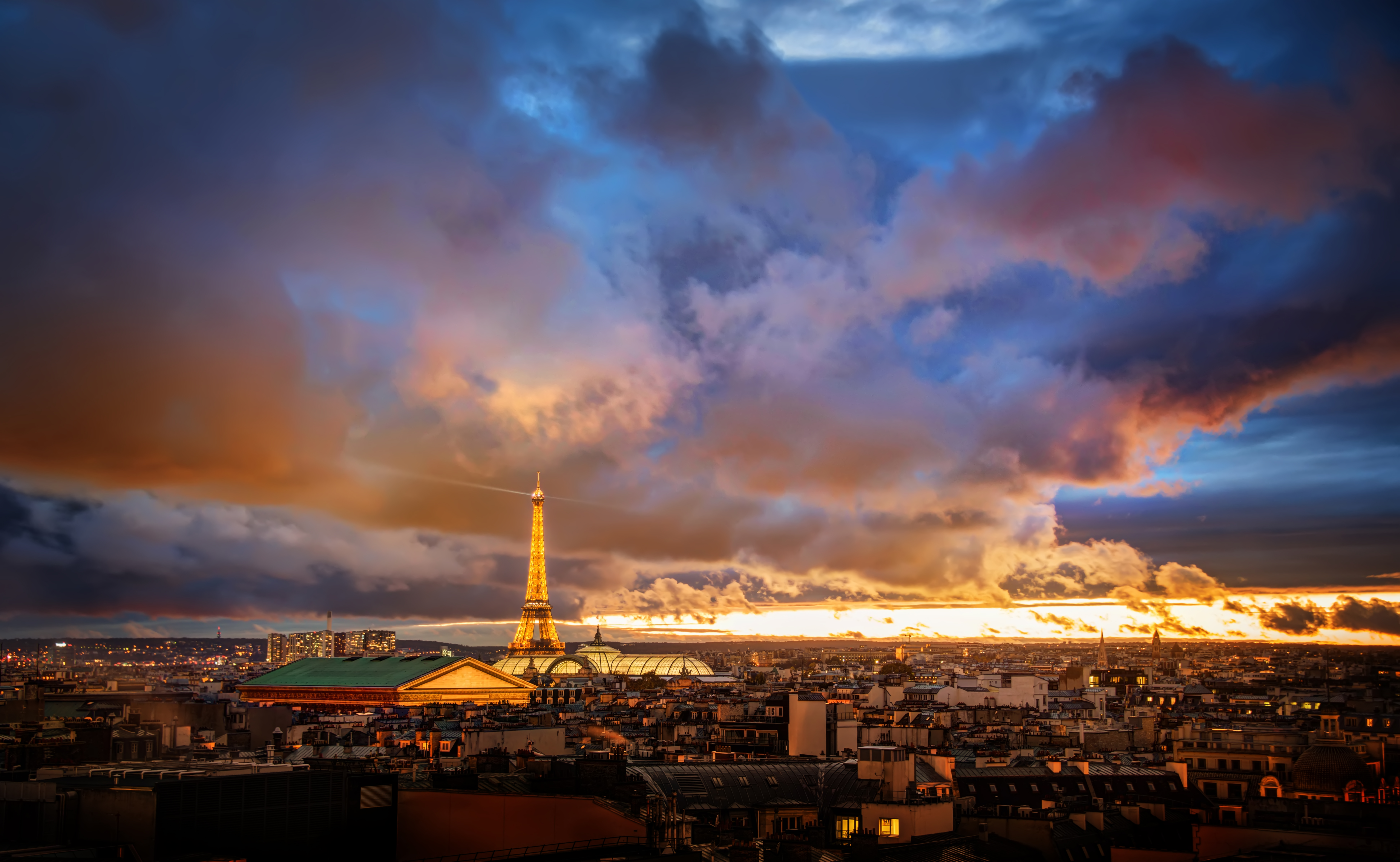 Paris City Eiffel Tower Light Twilight Sunset Cityscape Cloud 7306x4500