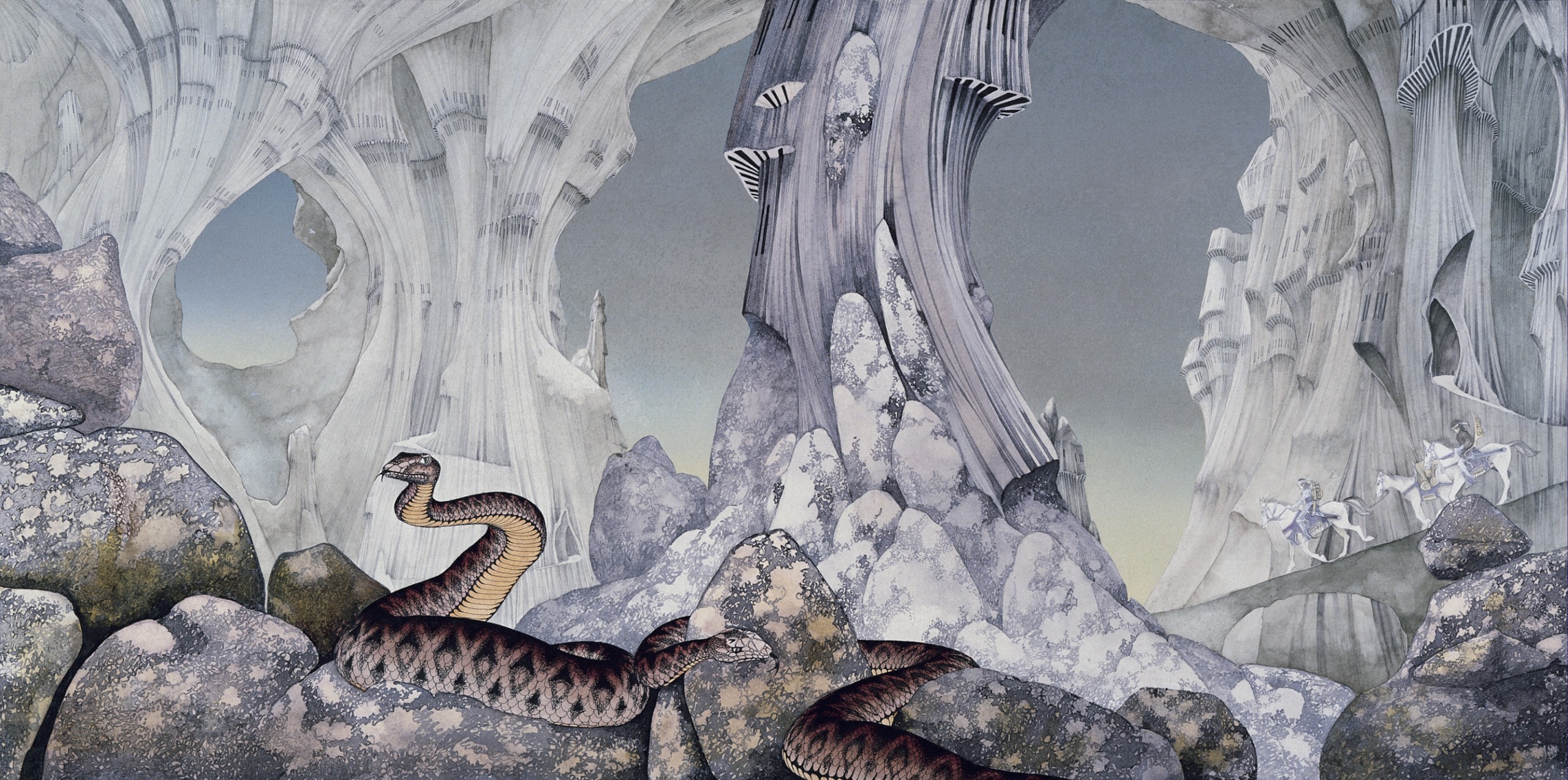 Digital Art Artwork Drawing Animals Roger Dean Snake Cobra Rock Stones Horse Riding Yes Progressive  2560x1273