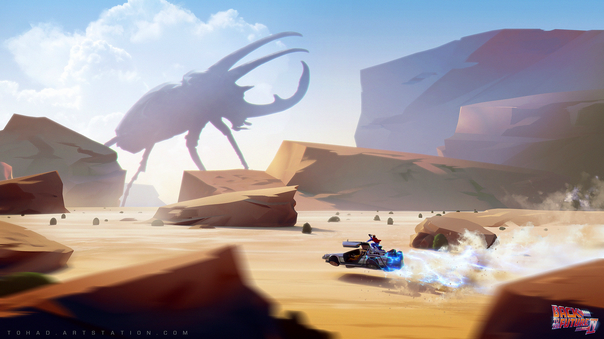Sylvain Sarrailh Giant Creature Insect Back To The Future Flying Car DeLorean Lightning Beetle Deser 1920x1080