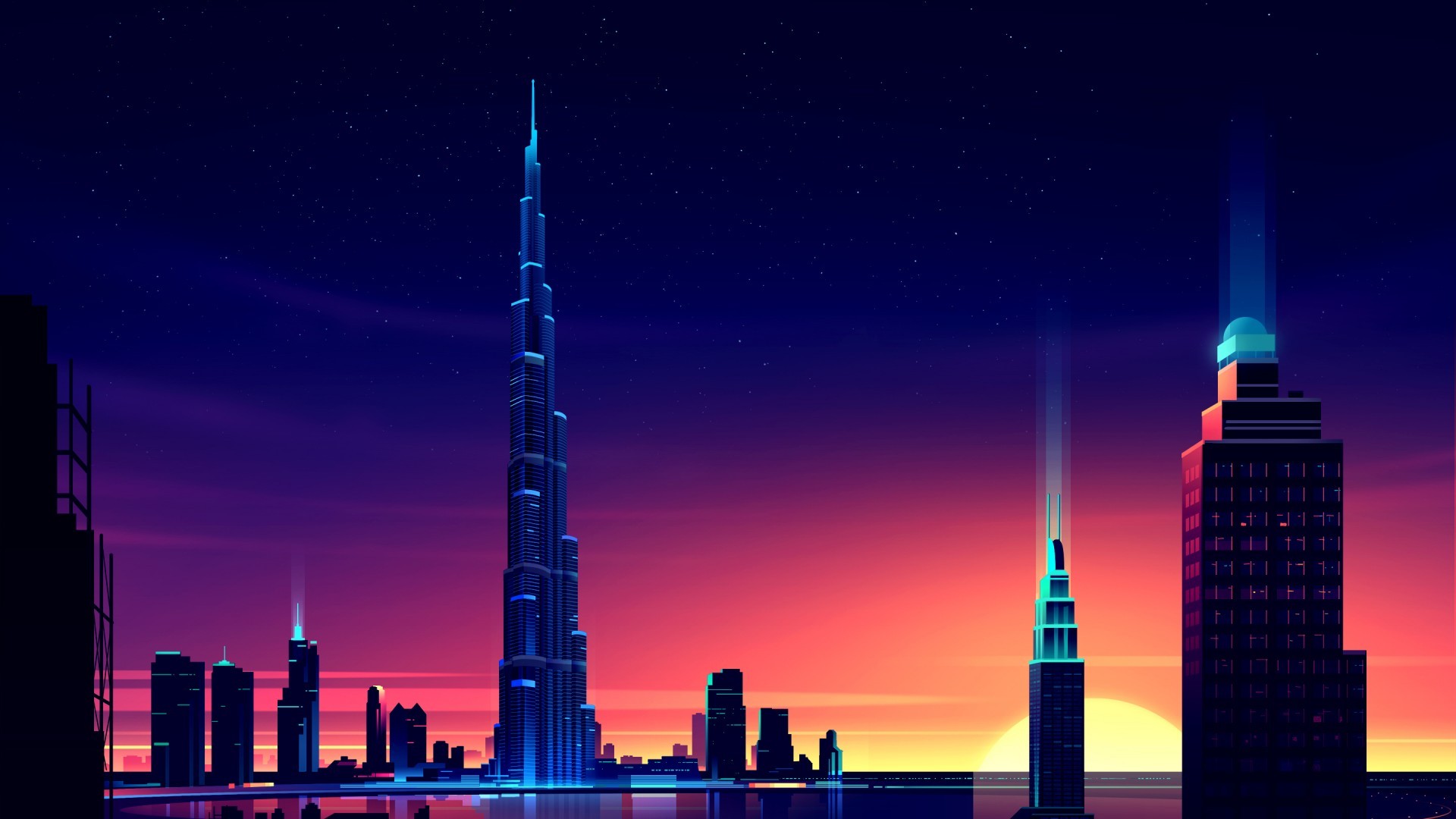 Pixels Skyscraper Burj Khalifa Dubai Night Cityscape Colorful Illustration Lights Sunset Romain Trys 1920x1080