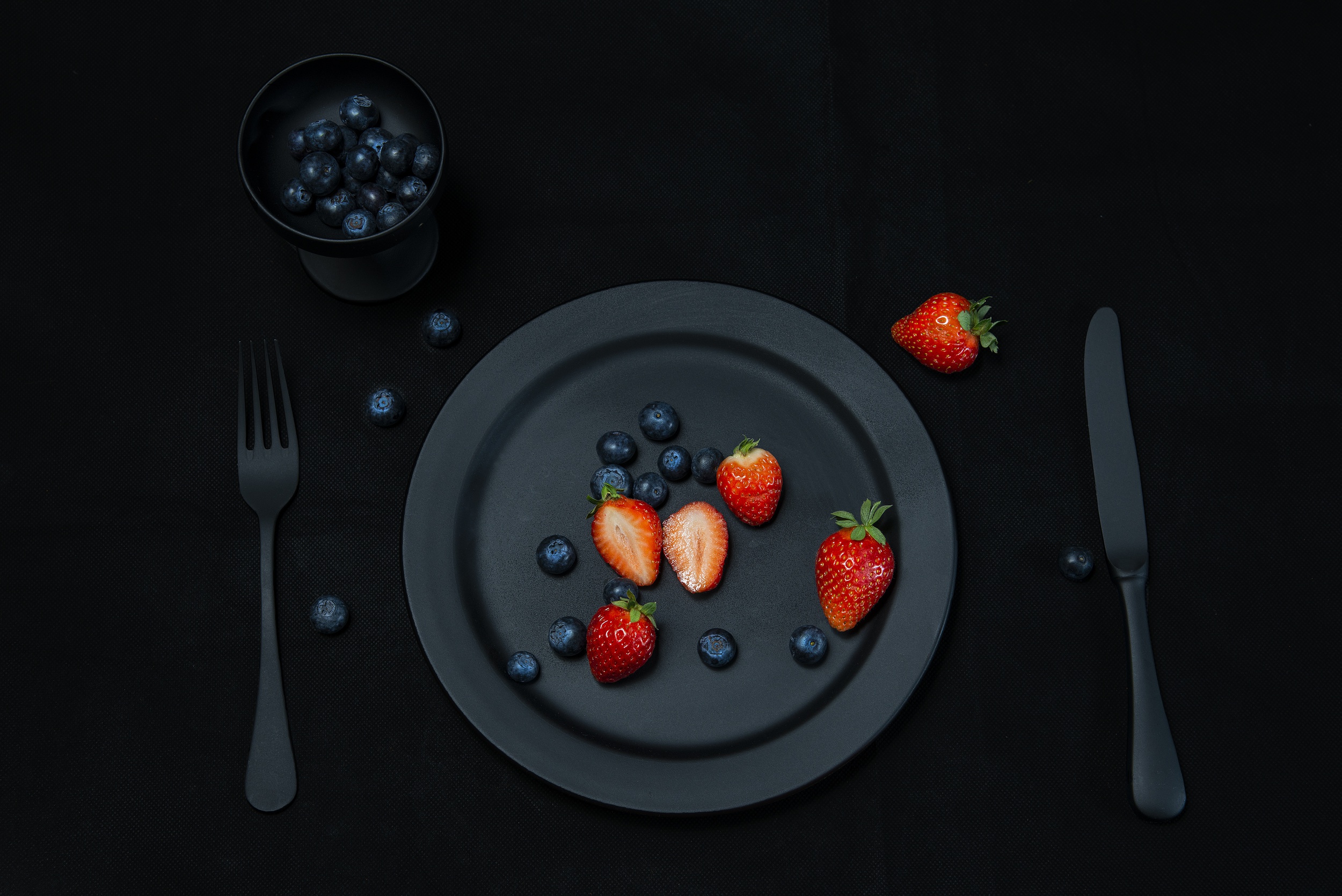 Food Strawberries Fork Knife Fruit Berries Blueberries Knife And Fork Black Black Background 2500x1669