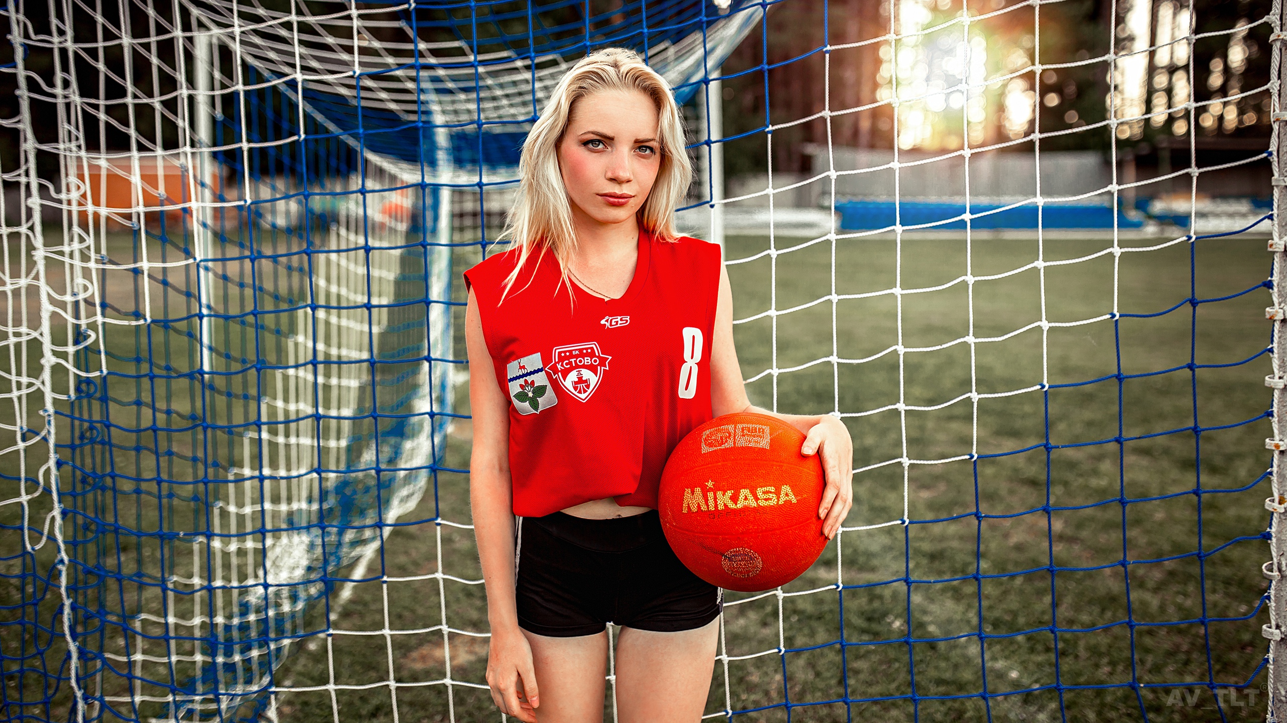 Women Model Portrait Blonde Outdoors Soccer Pitches Goal Sports Jerseys Grass Depth Of Field Looking 2560x1440