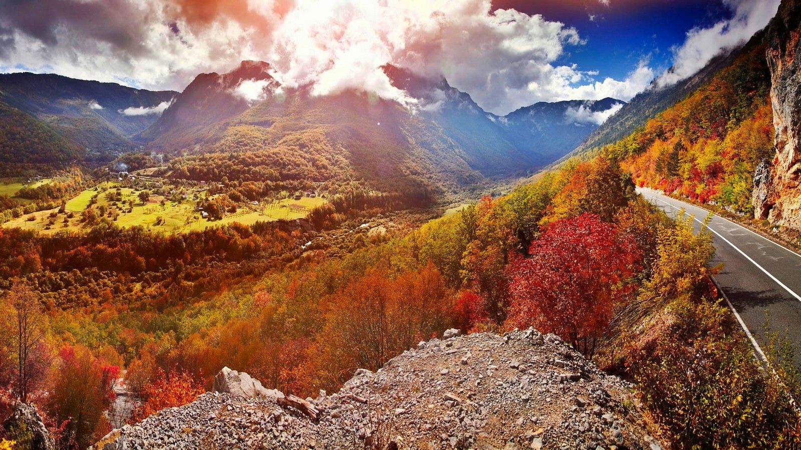 Nature Landscape Valley Road Mountains Sunlight Clouds Forest Fall Trees Colorful Montenegro 1600x900