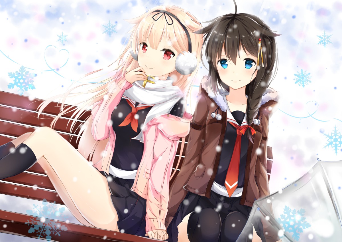 Kantai Collection Shigure KanColle Yuudachi KanColle Ribbon Umbrella Snow Snow Flakes Anime Girls An 1200x848