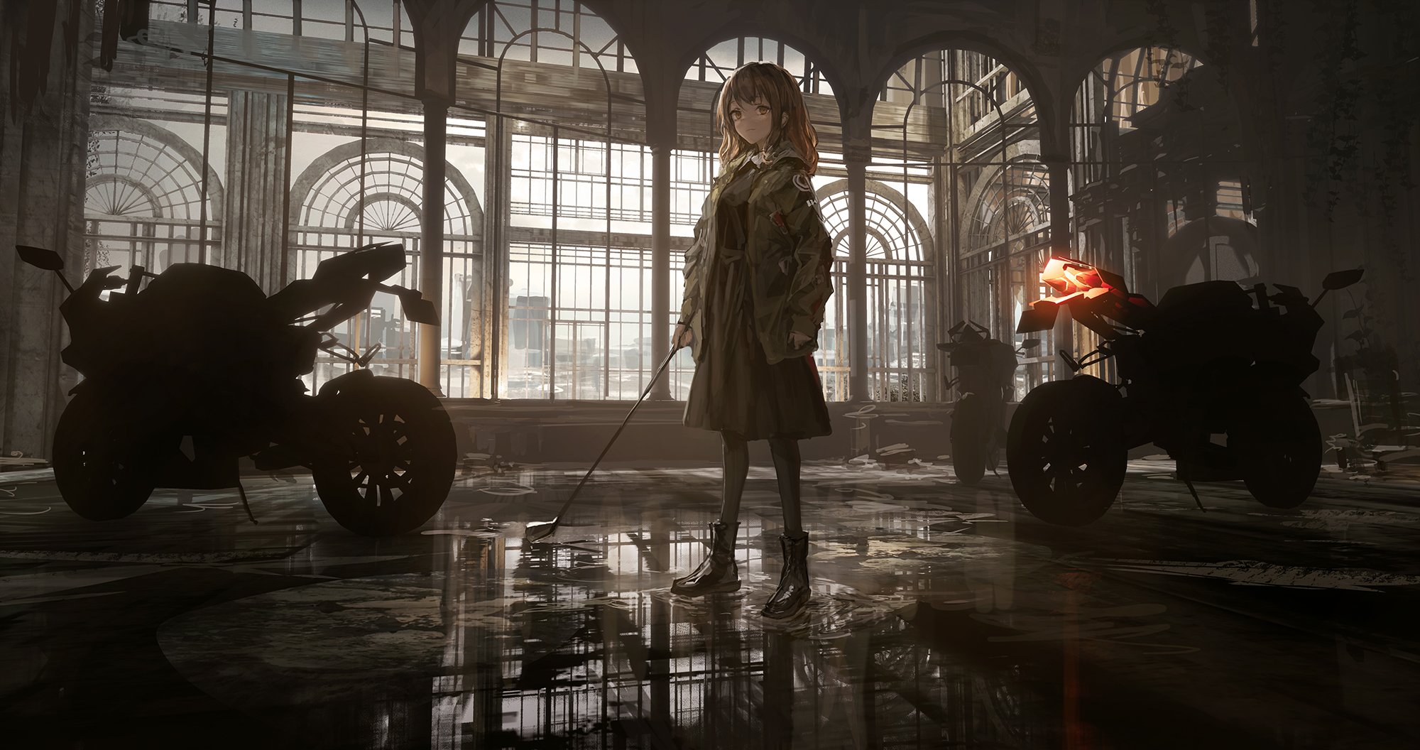 THE LM7 Anime Anime Girls Building Motorcycle Water Standing Skirt Jacket 2000x1056