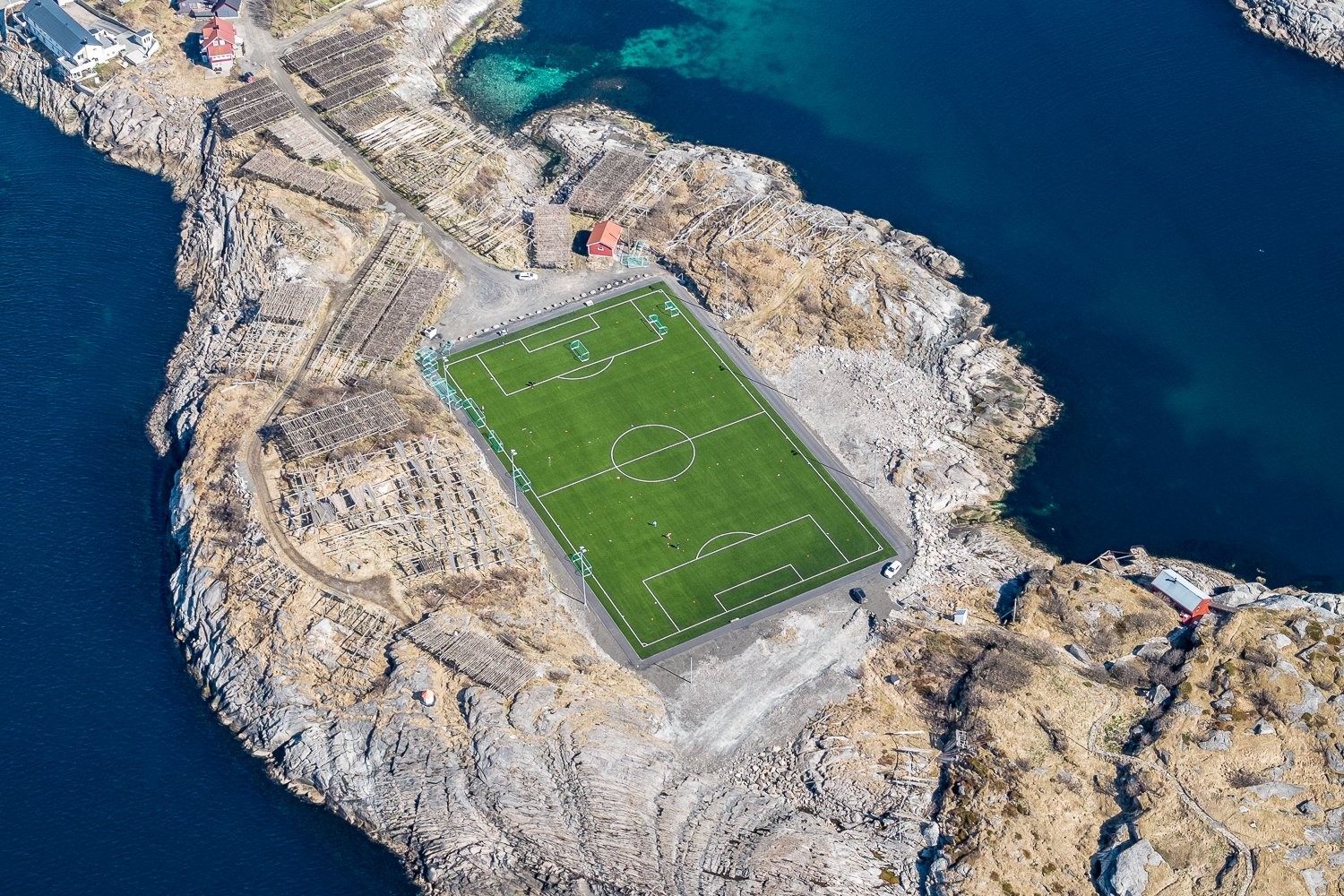 Landscape Field Soccer Soccer Pitches Sea Lofoten Islands Norway Aerial View 1500x1000