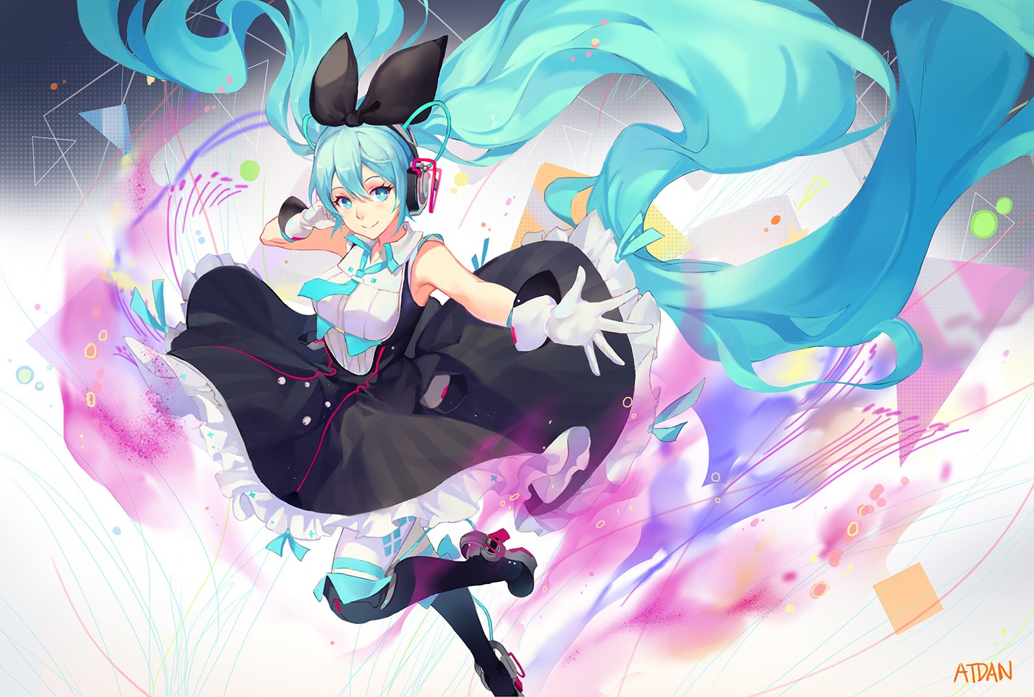 Vocaloid Hatsune Miku Long Hair Twintails Headphones Headband Ribbon Dress Gloves Neckties Boots Flo 1500x1012