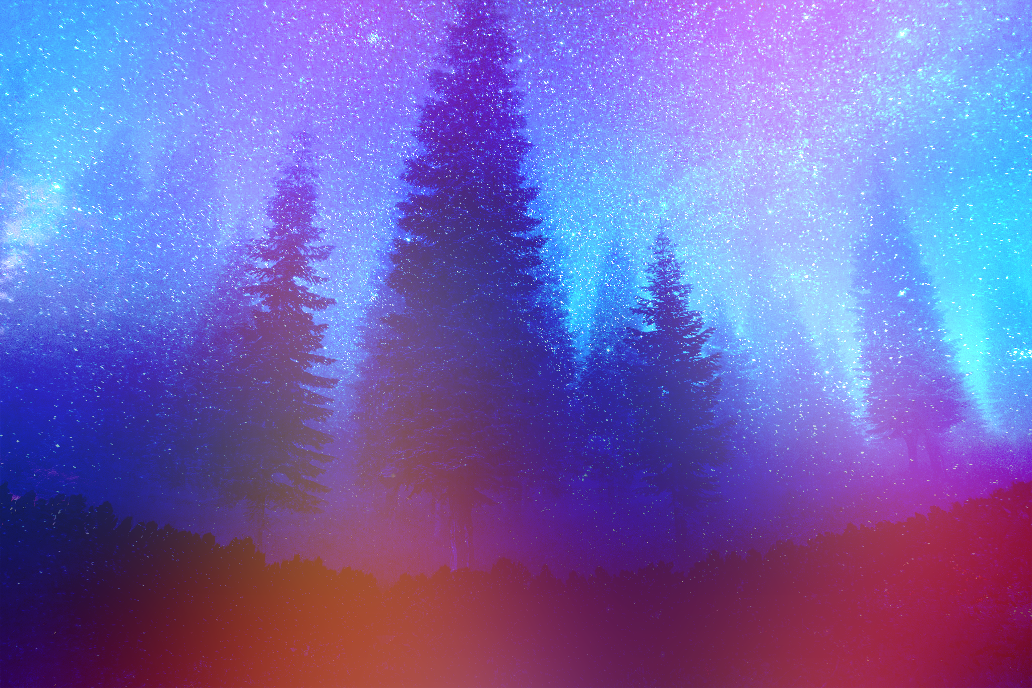 Pine Trees Forest Night Colorful Constellations Mist Stars Nature Retouching 2048x1365