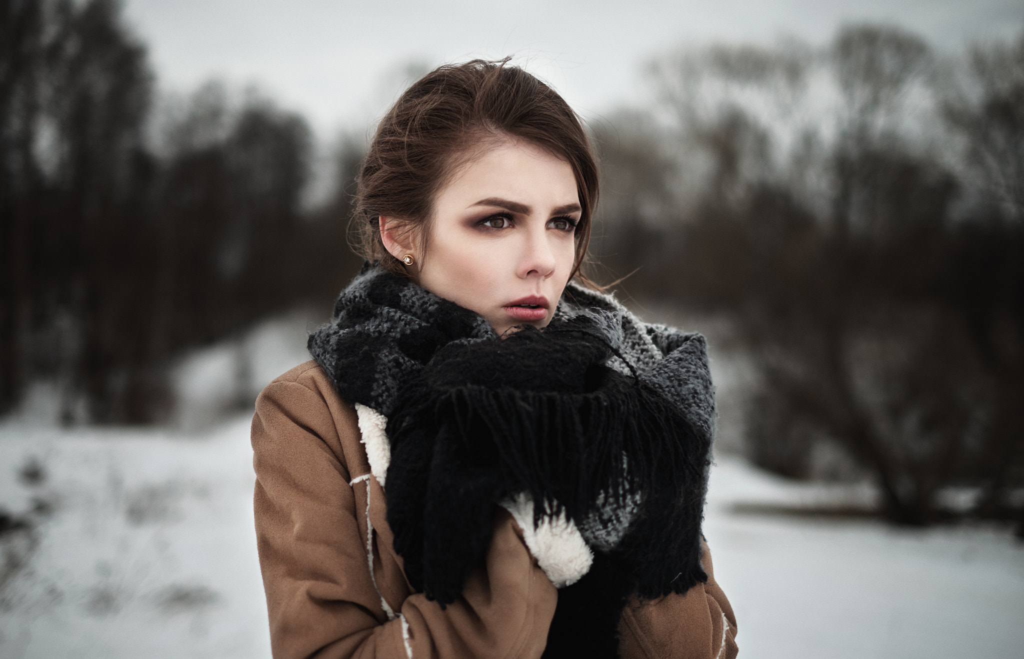 Women Brunette Ilya Varivchenko Brown Eyes Open Mouth Scarf Winter Looking Into The Distance Jacket  2048x1318