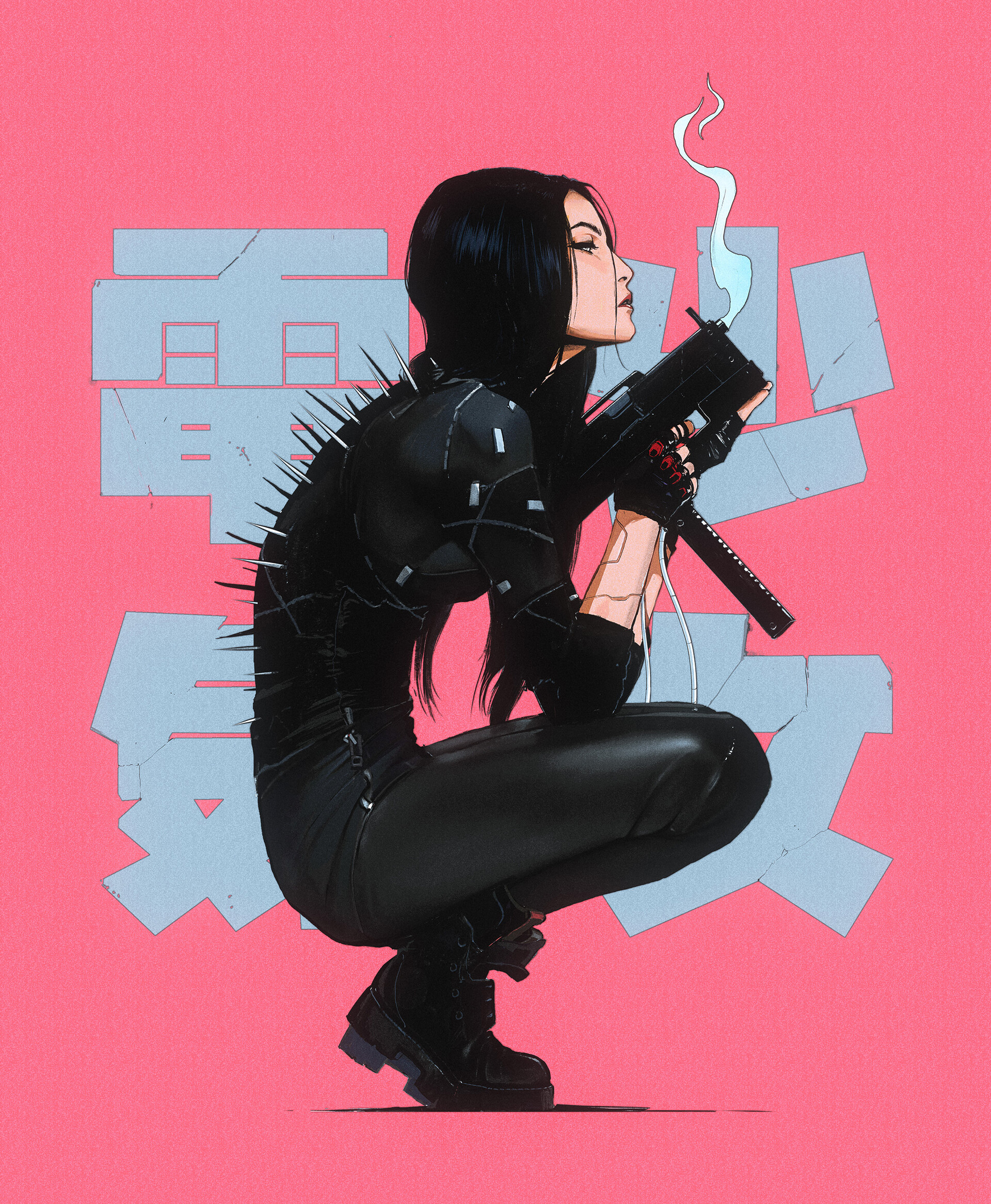 Digital Art Women Gun Spikes Smoke Japanese Characters Cyborg Maciej Kuciara Cyberpunk Punks Side Vi 1920x2333