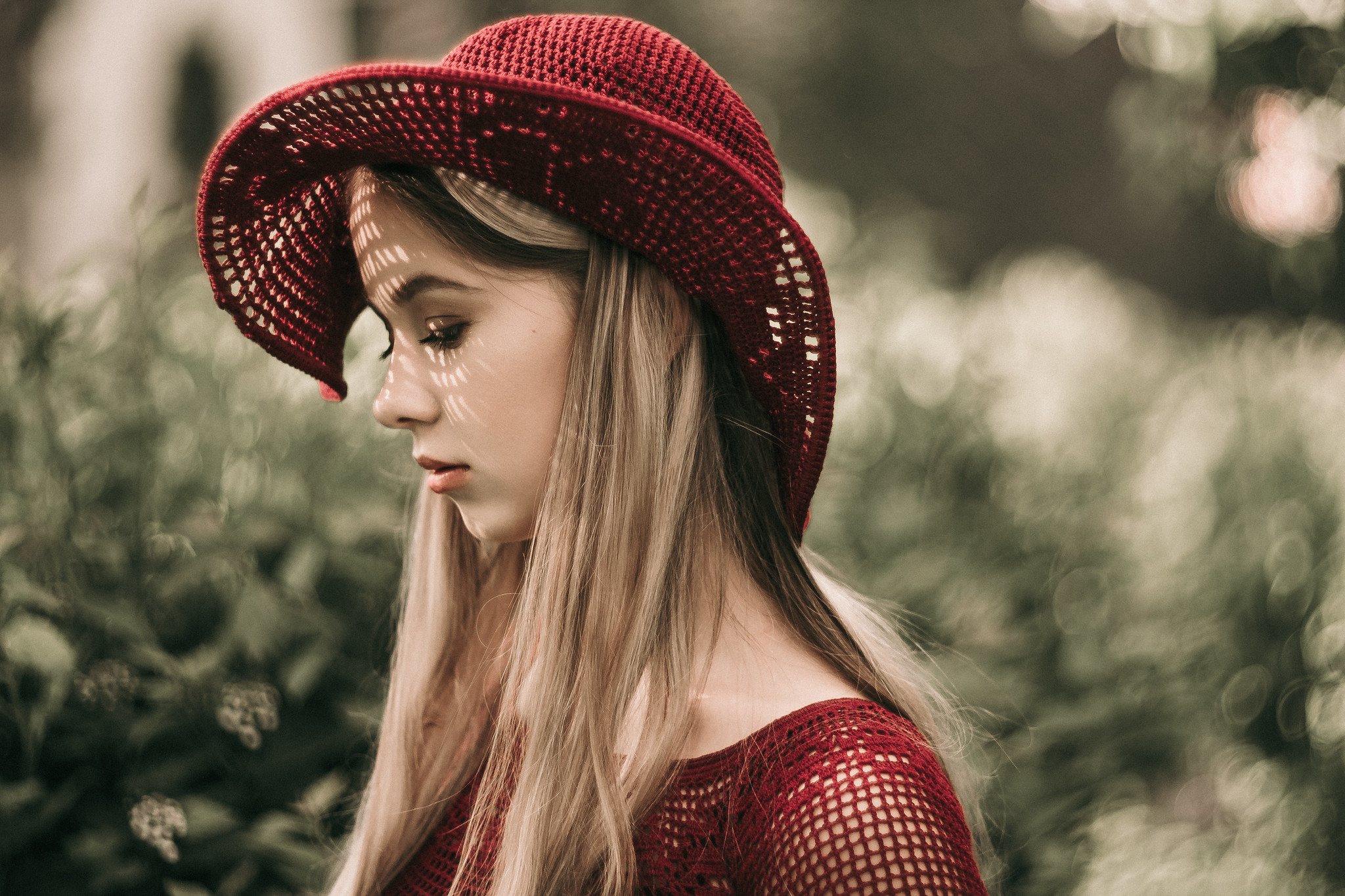 Women Portrait Model Blonde Hat Depth Of Field Bokeh Profile Red Shirt Kirill Sokolov 2048x1365
