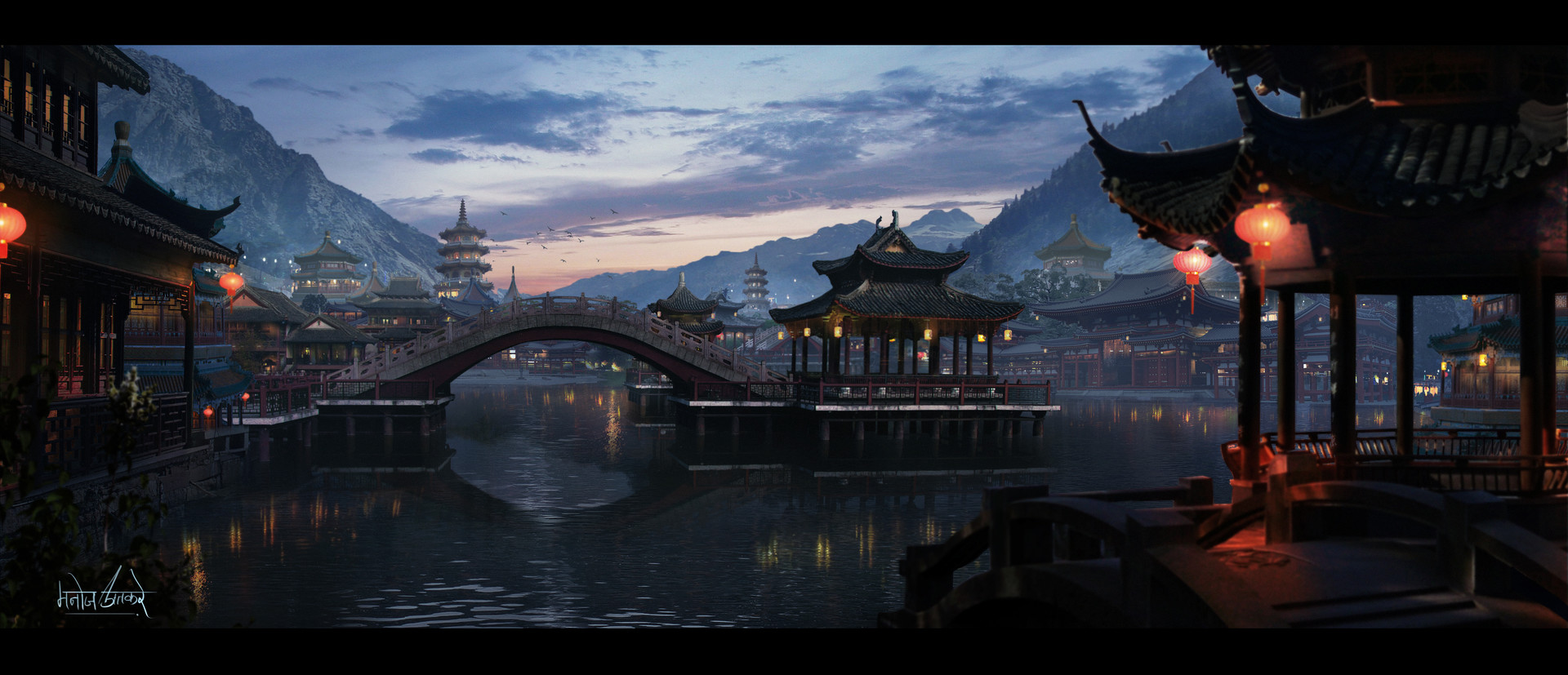 Artwork Digital Art City Asia Asian Architecture Water River Bridge Mountains Lantern Chinese Lanter 1920x827