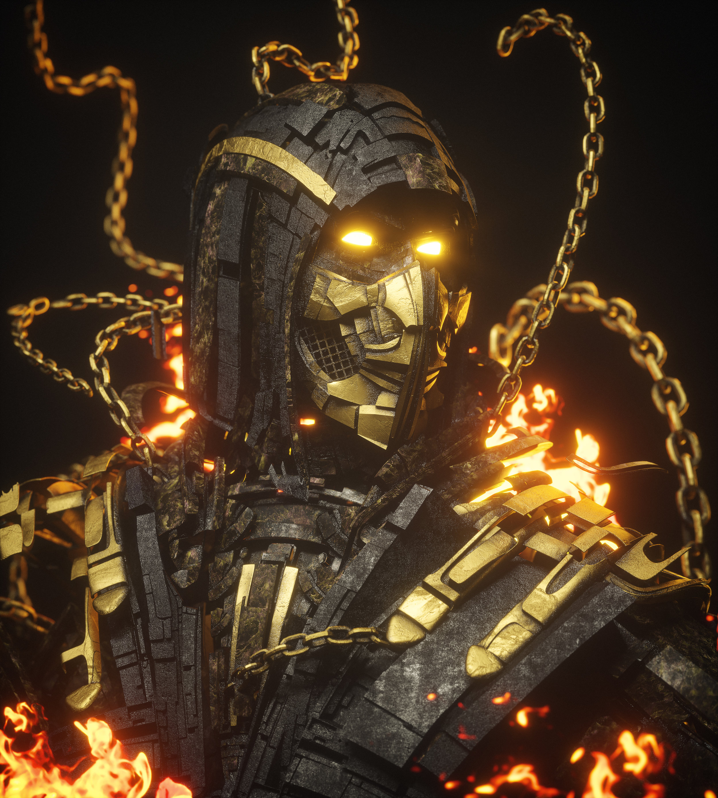 Billelis Dark Mortal Kombat Mortal Kombat 11 Scorpion Character Gold Glowing 2500x2778