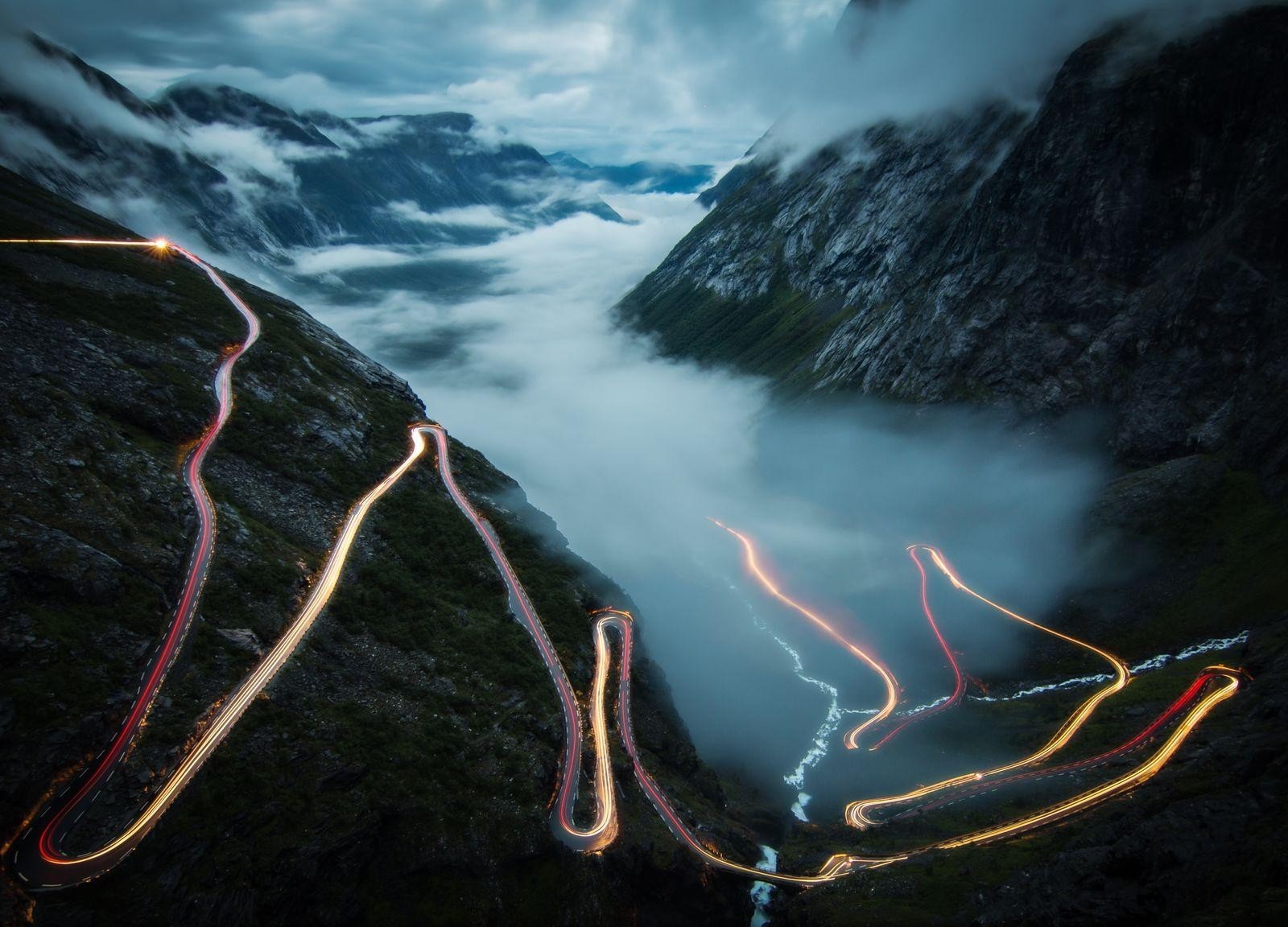 Photography Nature Landscape Mountains Mist Road Lights River Clouds Norway Trollstigen Long Exposur 1600x1152