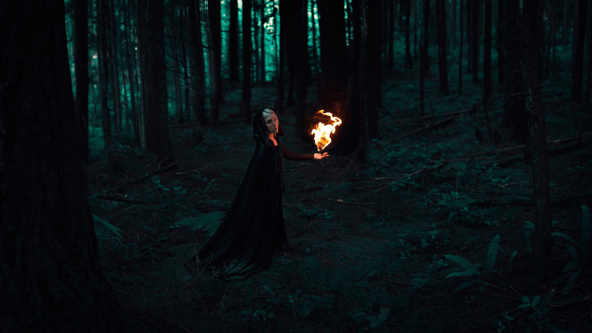 Fantasy Art Women Forest Fire Cloaks Deep Forest Torches Dark 2048x1153
