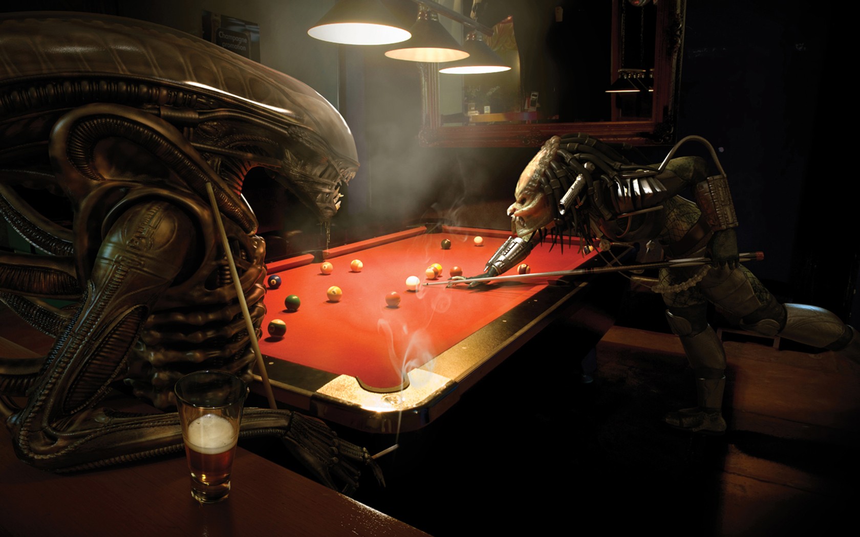 Xenomorph Predator Movie Alien Movie Digital Art Billiards Billiard Balls Render Beer Cigarettes 1680x1050