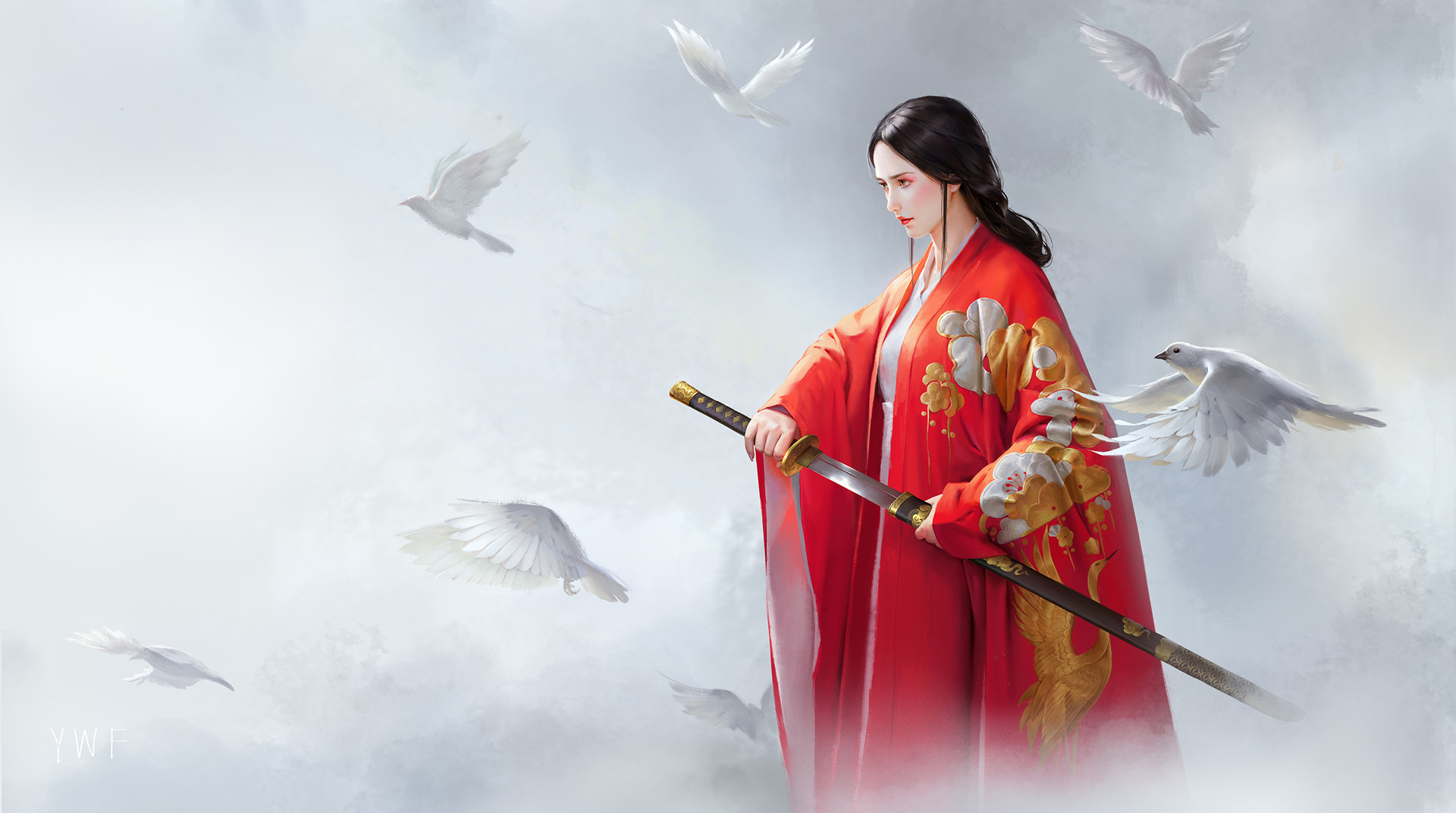 Wenfei Ye Women Brunette Katana Hoods Birds White Background Geisha Tunic Dove Makeup Chinese Dress 1920x1072