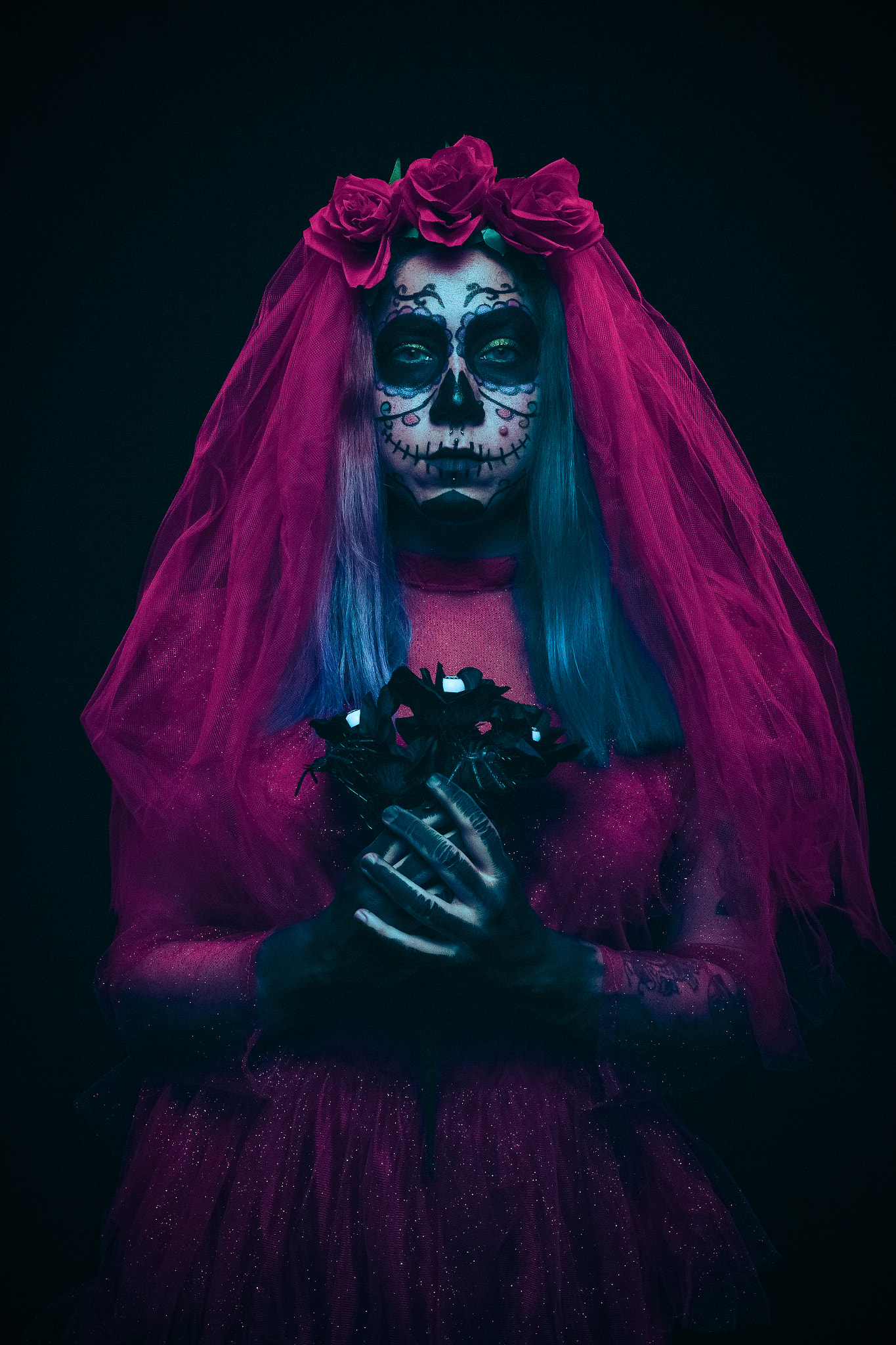 Dia De Los Muertos Women Skull Makeup Sugar Skull Frontal View 1365x2048