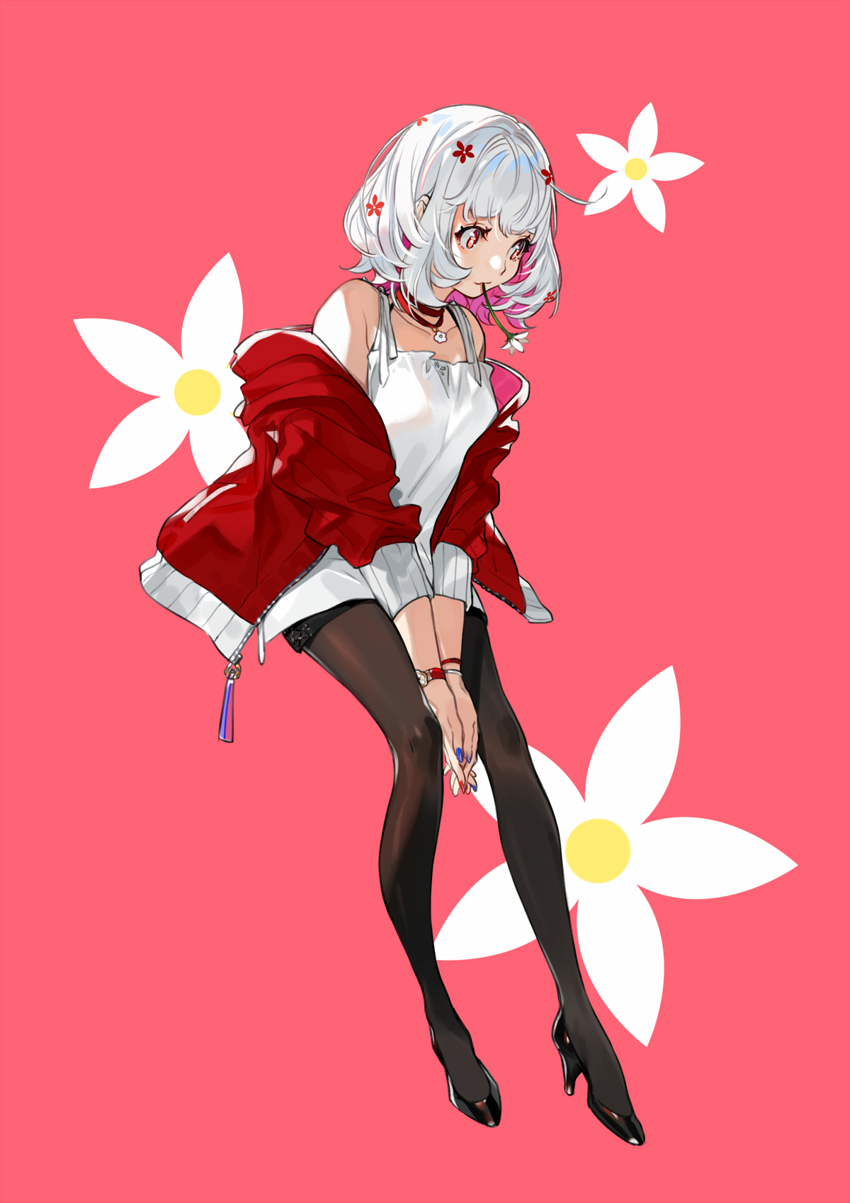 Anime Anime Girls Simple Background White Hair Red Eyes Flowers Original Characters Youcapriccio 1200x1697