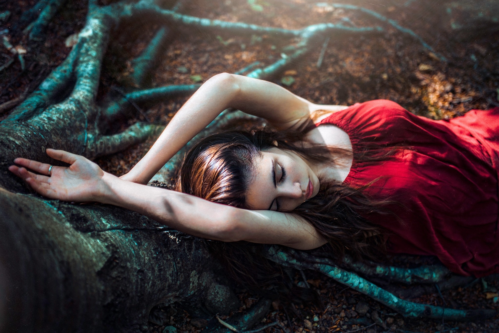 Gustavo Terzaghi Women Model Brunette Long Hair Lying Down Roots Closed Eyes Arms Up Red Dress 2048x1367