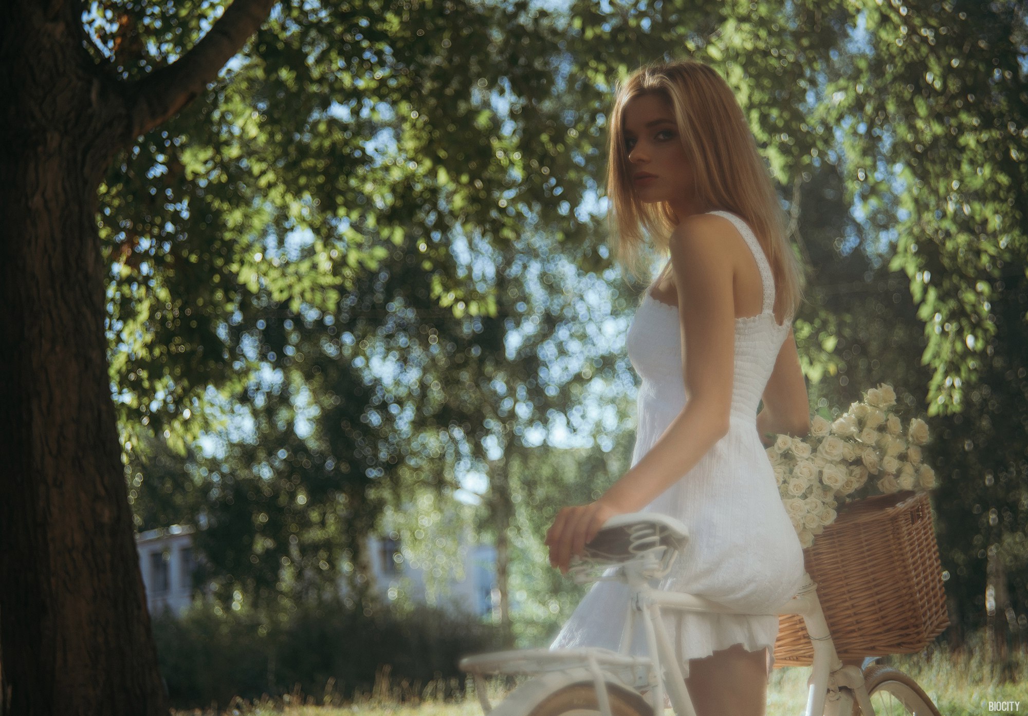 Bicycle Pasha Karpenko Women Women Outdoors Model Looking Over Shoulder Blonde White Dress 2000x1394
