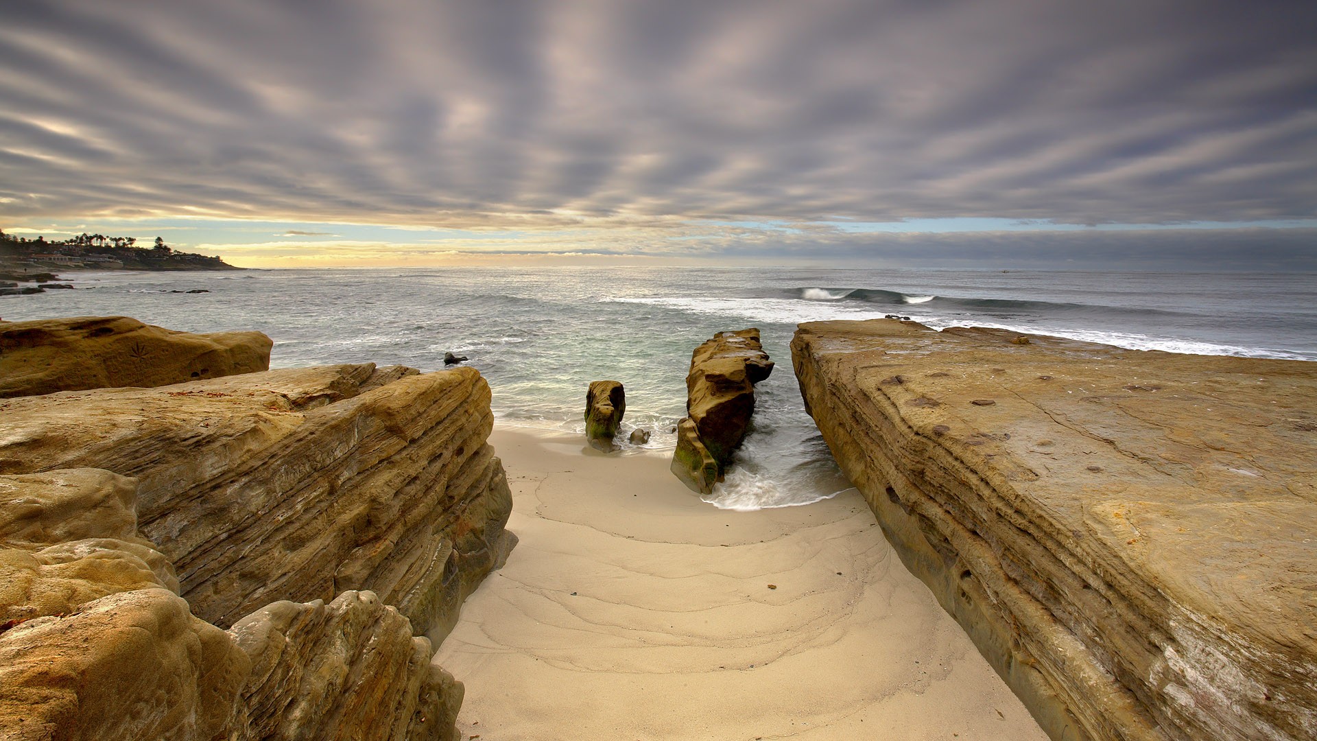 Nature Landscape Water Rock San Diego California USA Sea Waves Coast Beach Sand Clouds Palm Trees Su 1920x1080