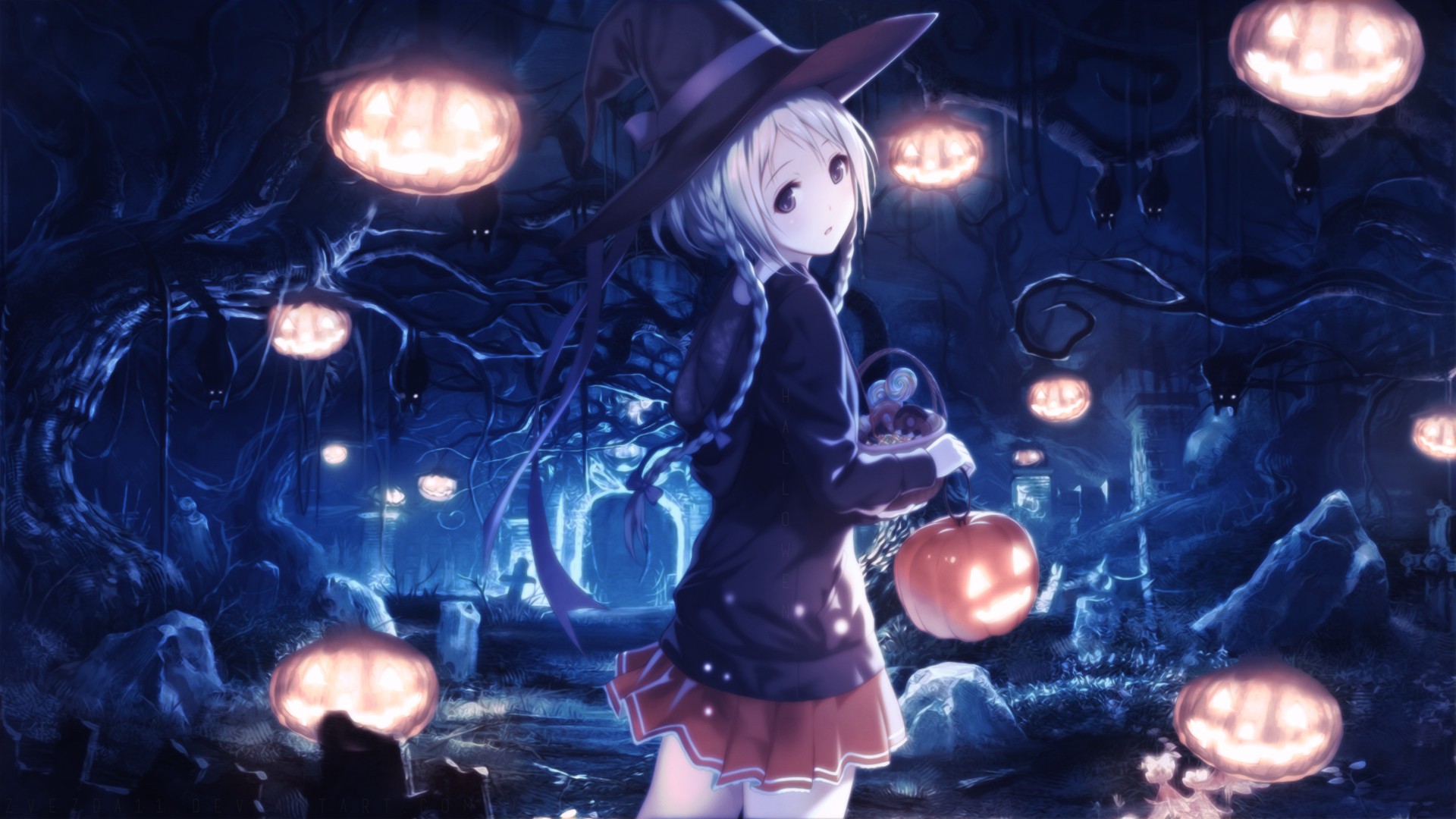 Halloween Witch Hat Pumpkin Graveyards Trees White Hair Bats Witch 1920x1080