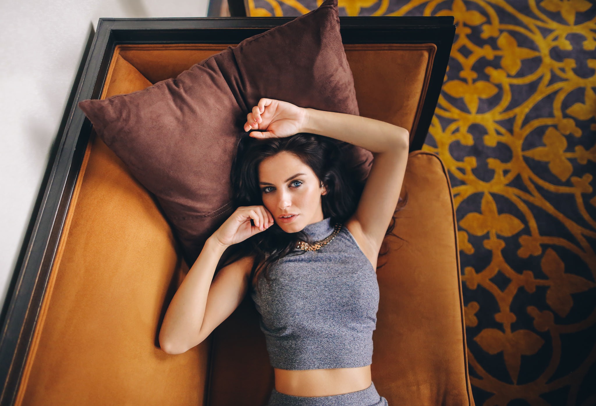 Aurela Skandaj Women Model Couch Portrait Brunette Blue Eyes Looking At Viewer Short Tops Black Hair 2048x1397