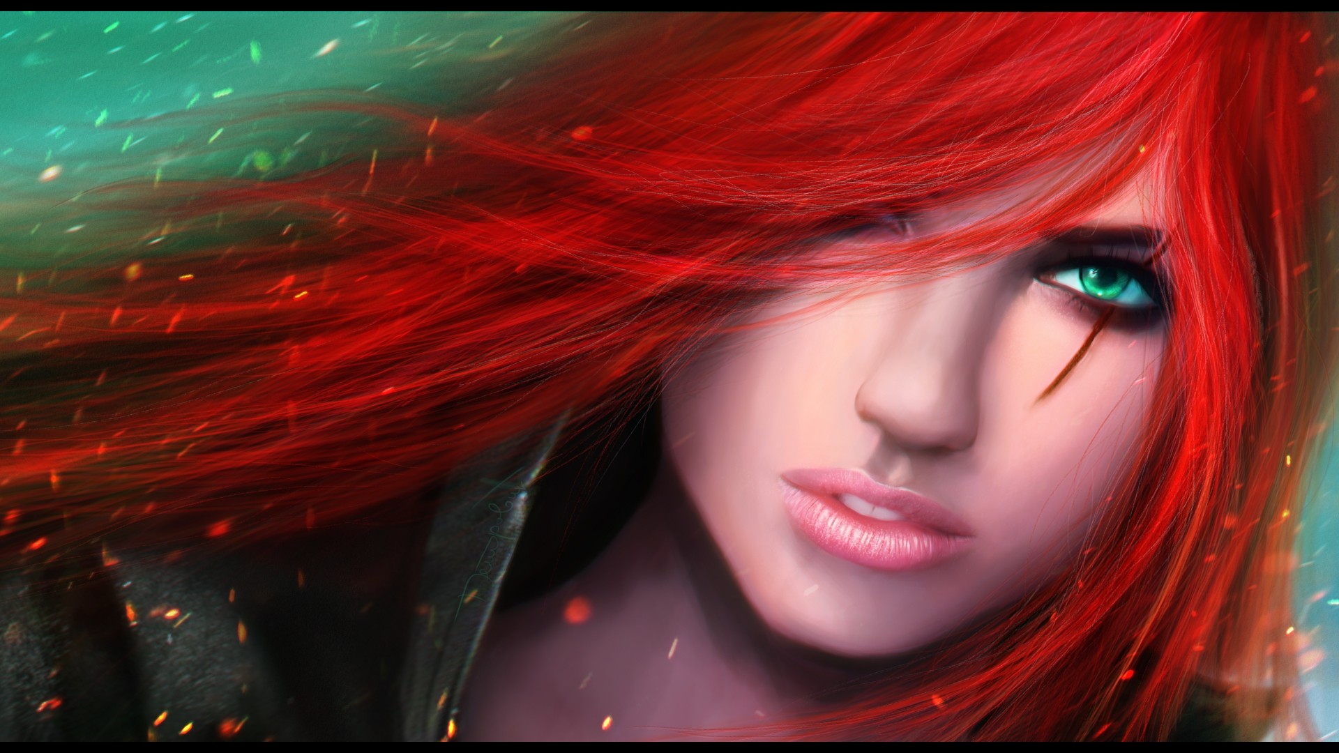 Women Fantasy Art Green Eyes Render League Of Legends Katarina Redhead Hair In Face 1920x1080