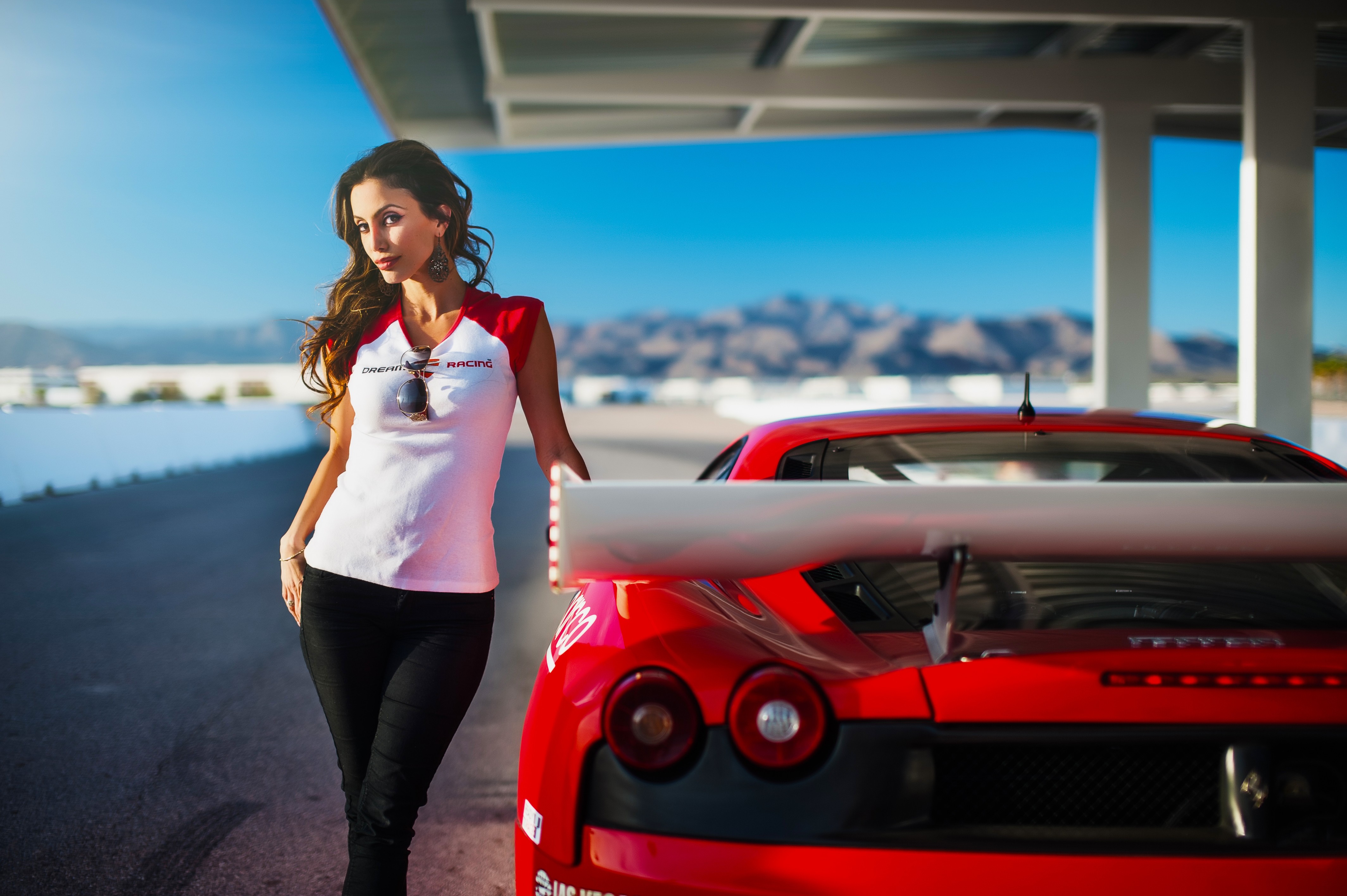 Women Model Brunette Bare Shoulders T Shirt Pants Looking At Viewer Car Ferrari F430 Ferrari F430 Re 4256x2832