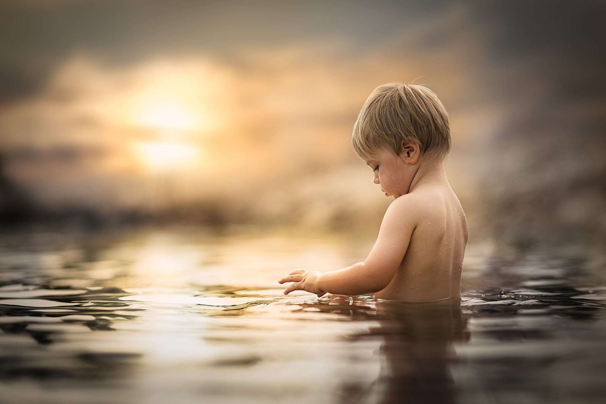 Little Boy Children People Water Sunset 2048x1365