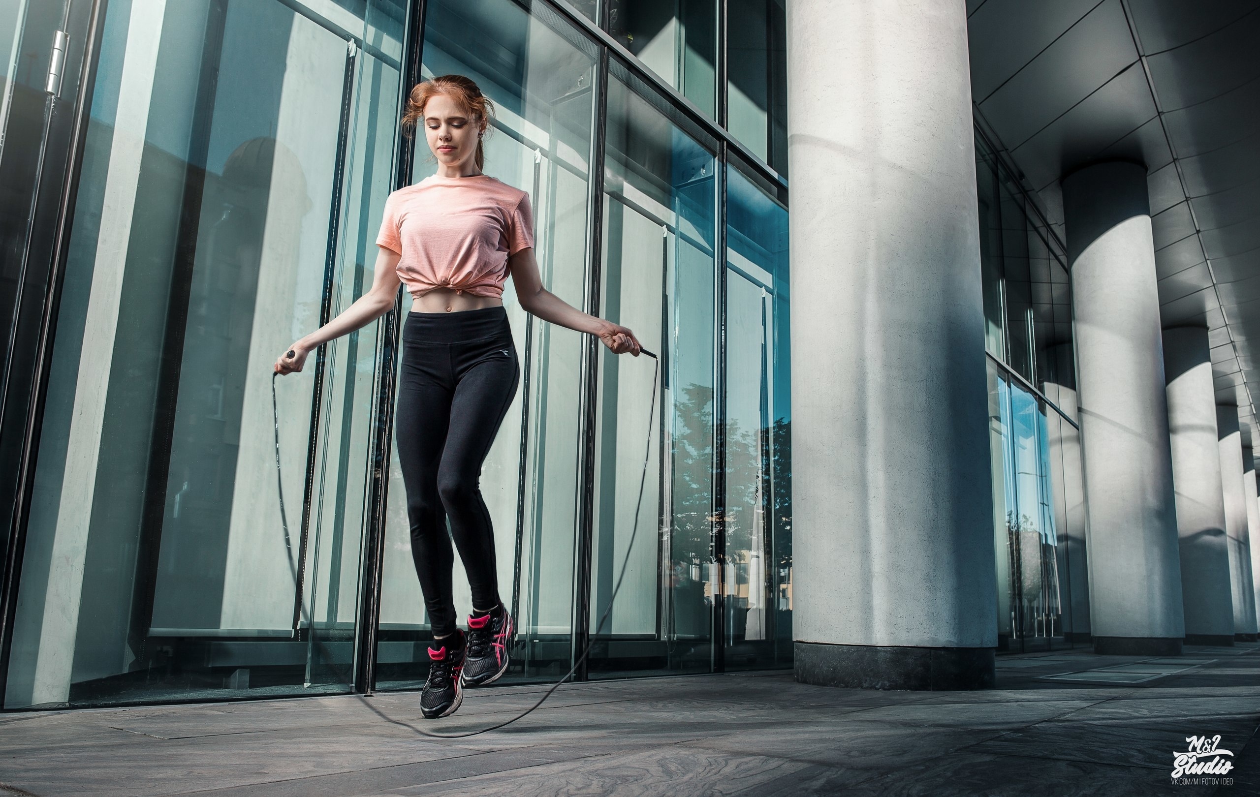 Women Jumping Model Redhead Exercise Sneakers Closed Eyes 2560x1620