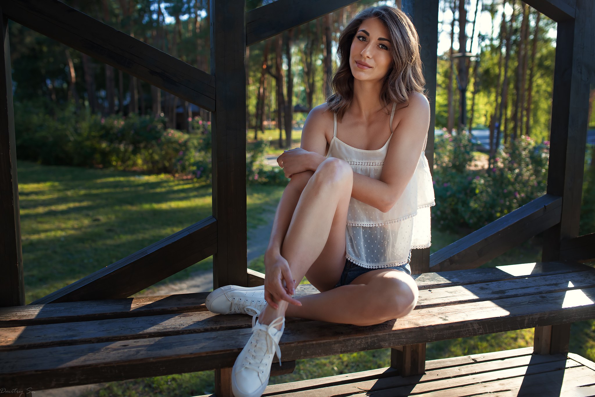 Women Brunette Women Outdoors Bench Sneakers White Tops Legs Dark Eyes Smirk Darya Zinovyeva Dmitry  2048x1365
