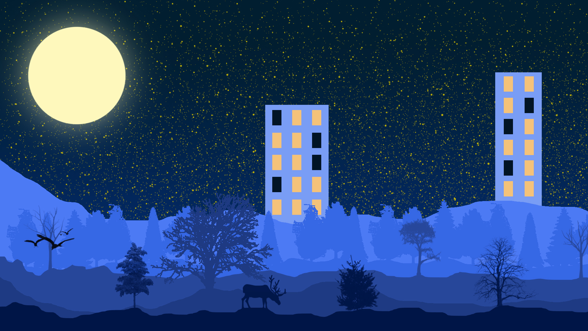 Digital Art Artwork Minimalism Blue Building Block Of Flats Moon Moonlight Stars Night Trees Birds D 1920x1080