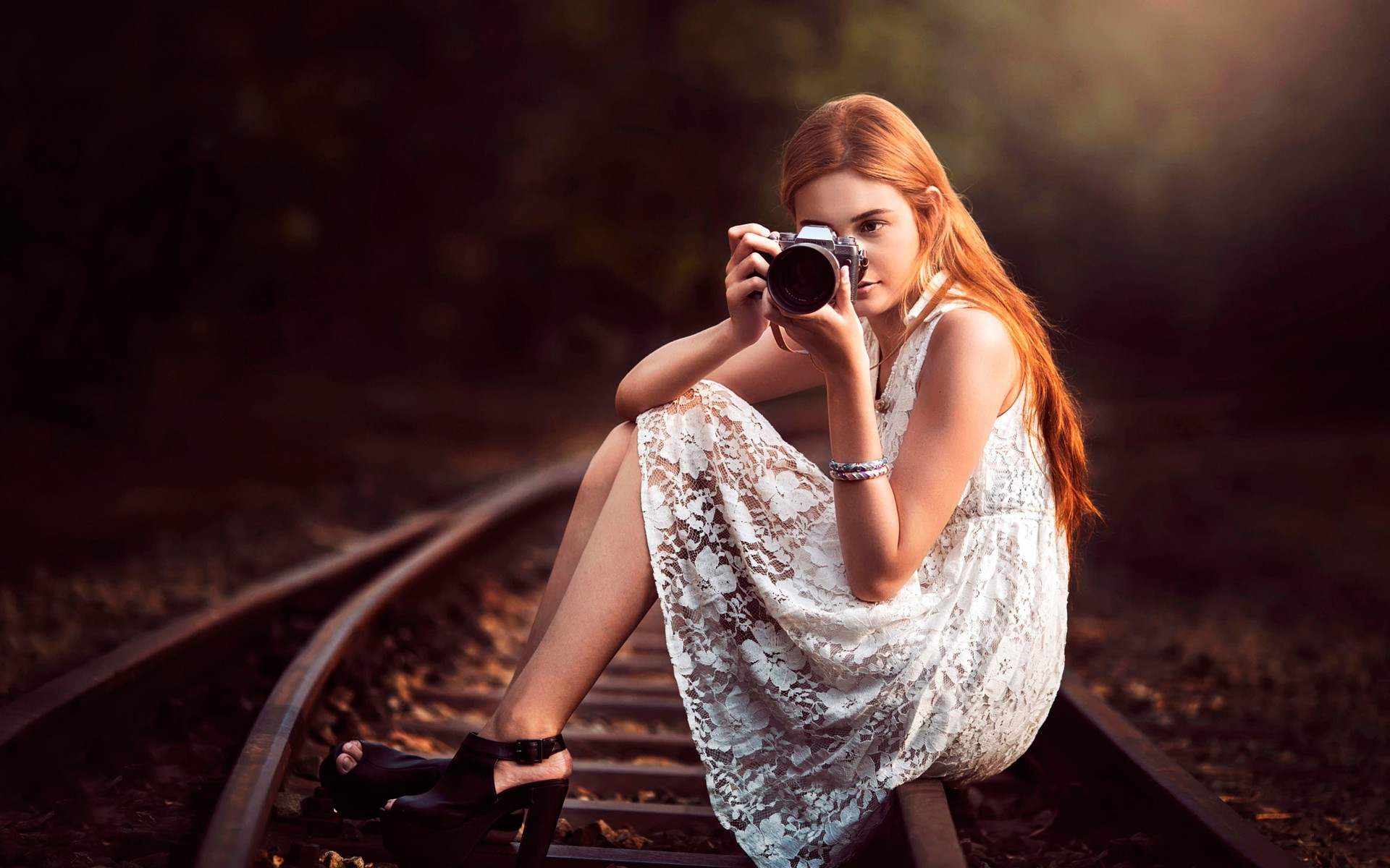 Women Model Redhead Long Hair Women Outdoors Bare Shoulders Sitting Camera White Dress High Heels Le 1920x1200