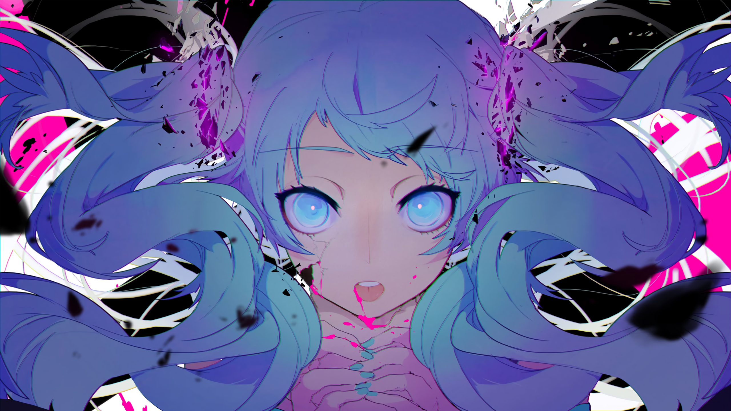 Vocaloid Hatsune Miku Blue Eyes Blue Hair Cracked Glowing Eyes Glowing Nail Polish Solo Twintails Op 2560x1440