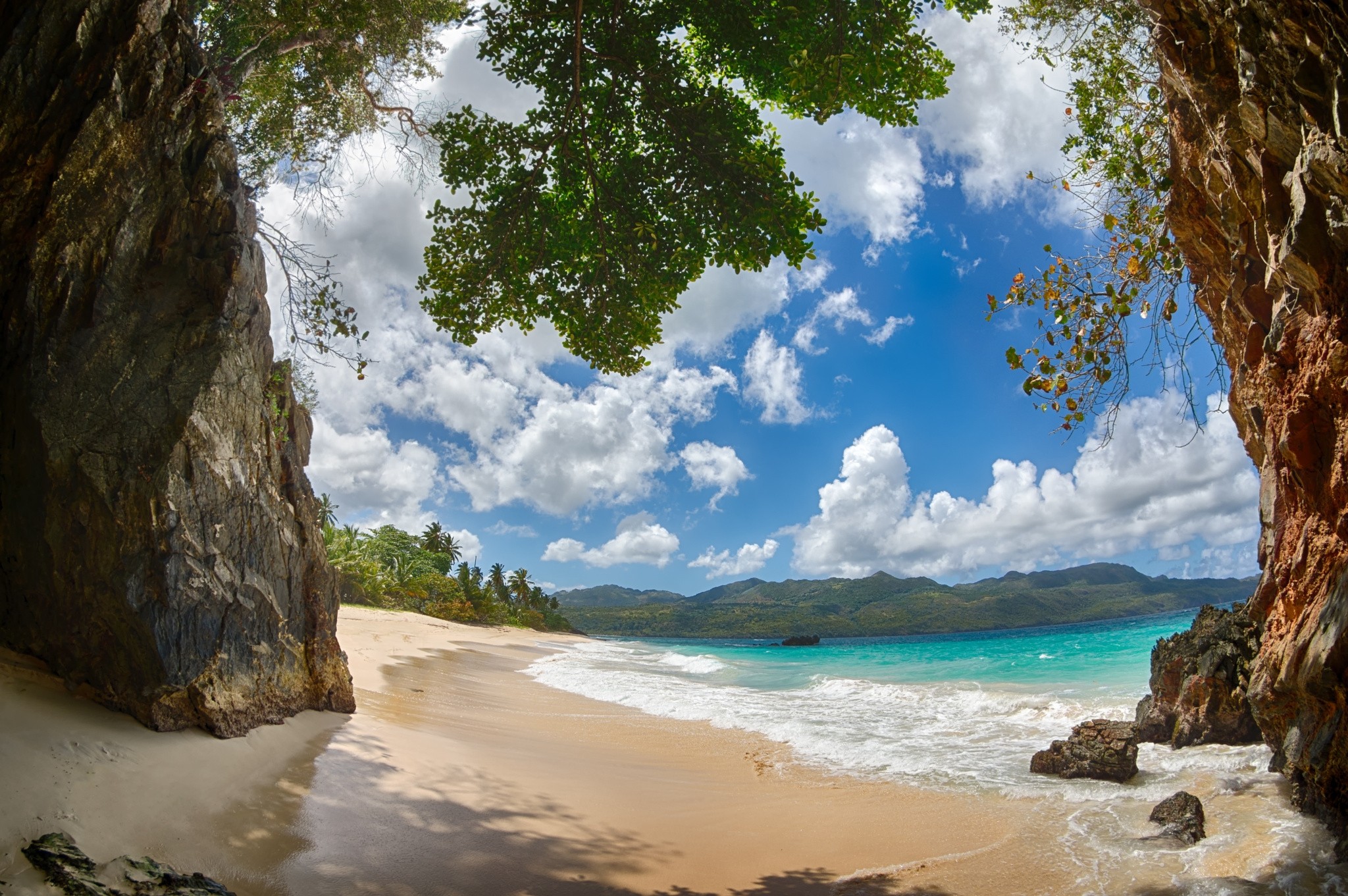 Beach Tropical Sand Mountains Caribbean Palm Trees Clouds Rock Dominican Republic Island Nature Land 2048x1361