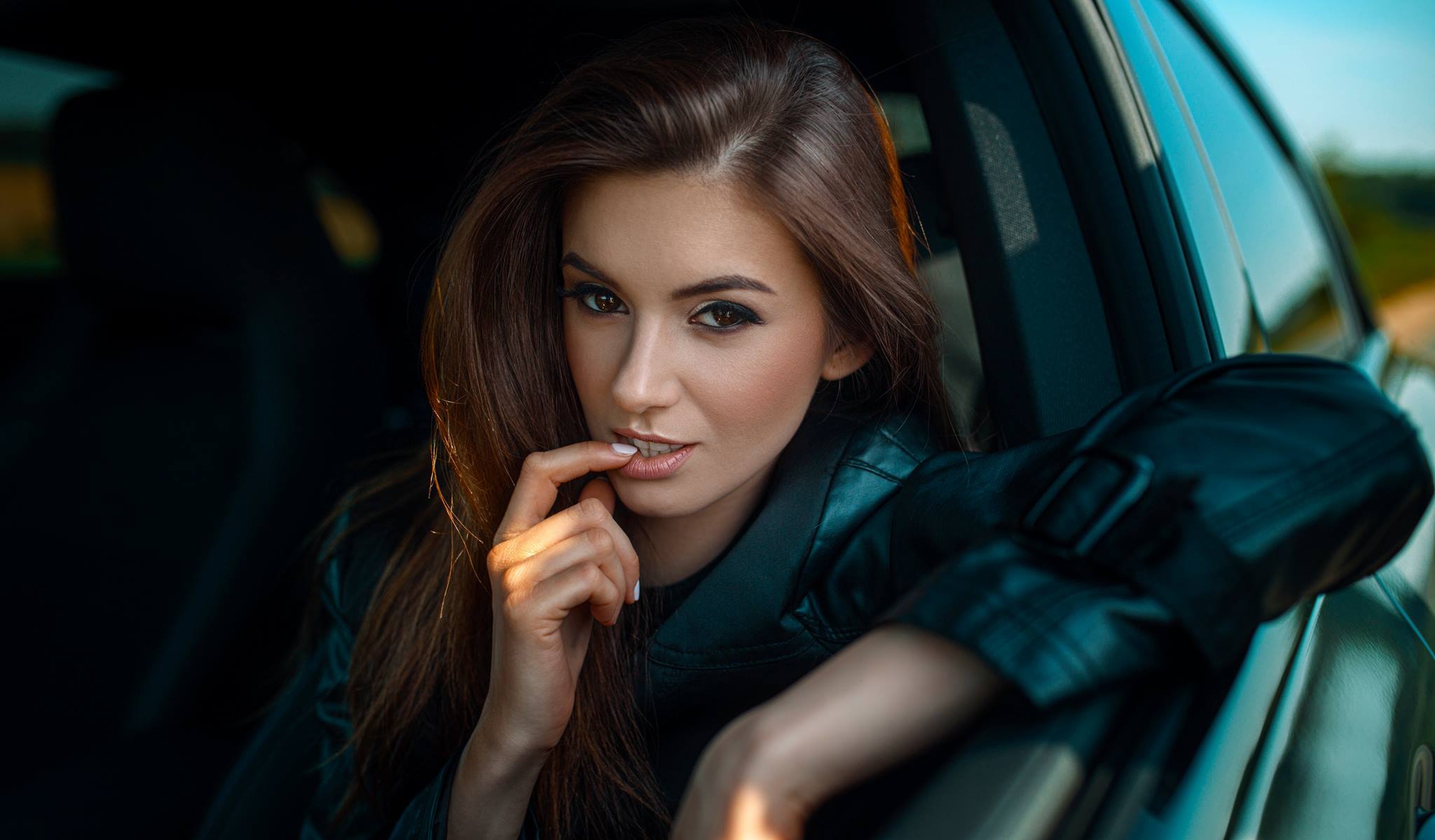 Natalia Sza Agan Damian Piorko Face Car Women With Cars Women Model Polish Women Leather Jackets Fin 2048x1199