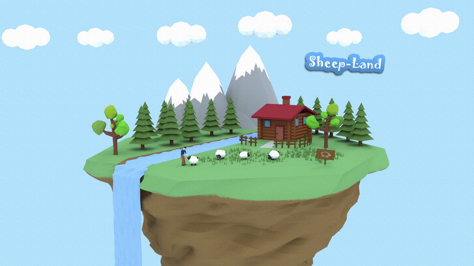 Blender Sheep Nature Minimalism Diorama Sky Clouds House Floating Low Poly Mountains Trees Grass Woo 1920x1080