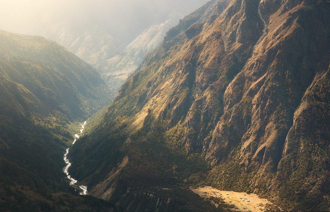 Nature Landscape Mountains River Mist Waterfall Shrubs Sunlight Himalayas Nepal 1300x834