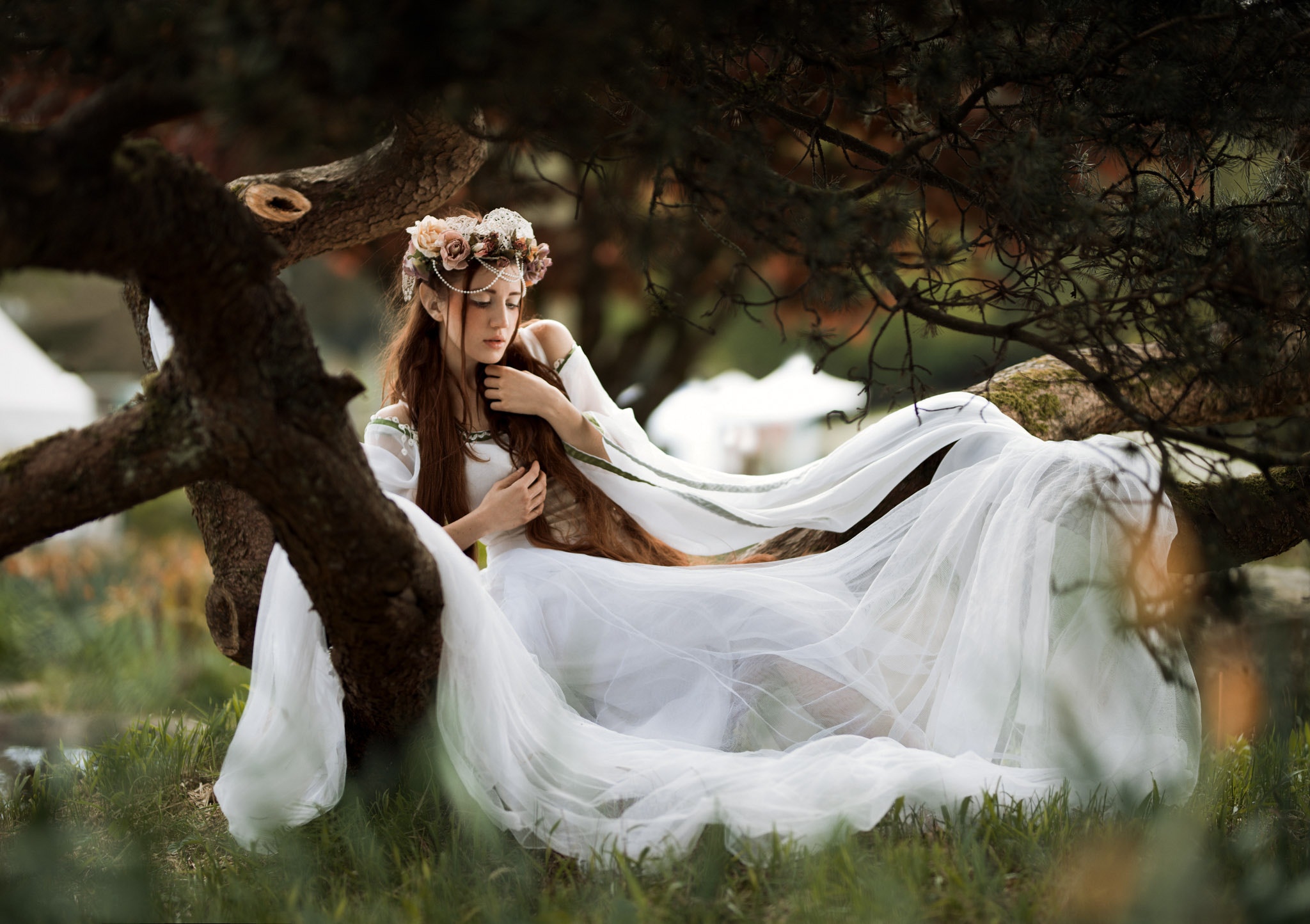 Kyle Cong Fantasy Girl 500px Nature Women White Dress Long Hair Model Wreaths Brunette 2048x1444