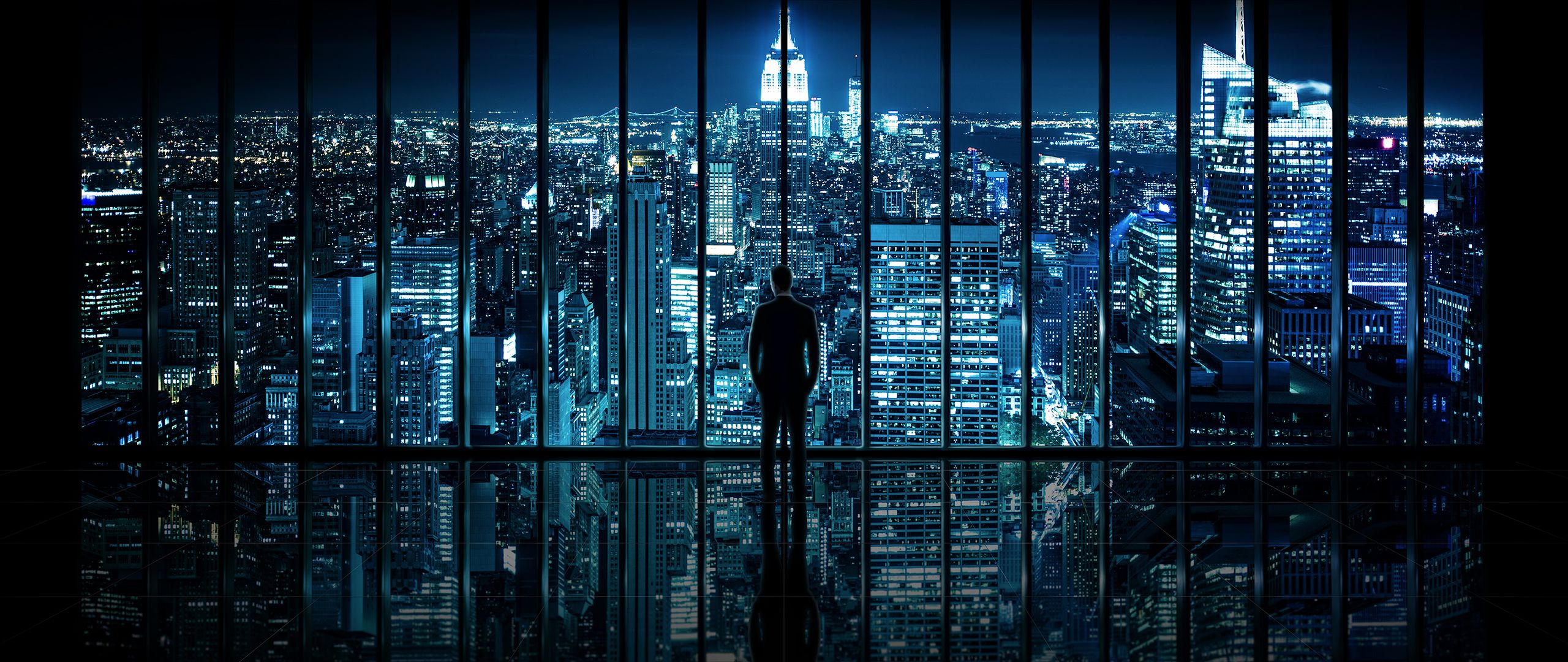 City New York City Dominic Kamp Dark Window Reflection Cityscape 2013 Year 2560x1080